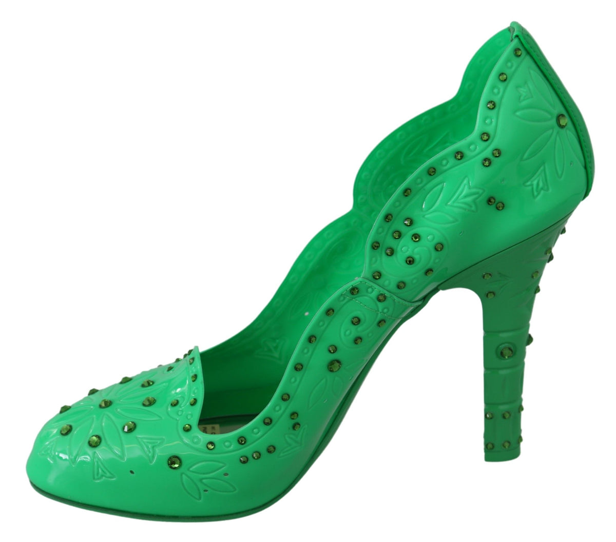 Experience the allure of Dolce & Gabbana's Green Crystal Floral CINDERELLA Heels, where exquisite Italian craftsmanship meets enchanting elegance, perfect for every sophisticated occasion.