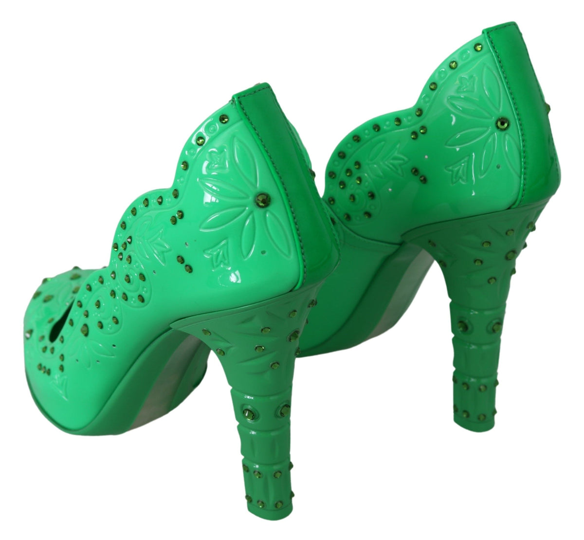 Indulge in the exquisite allure of Dolce & Gabbana's Green Crystal Floral CINDERELLA Heels, where Italian craftsmanship meets ethereal elegance, perfect for any glamorous occasion.