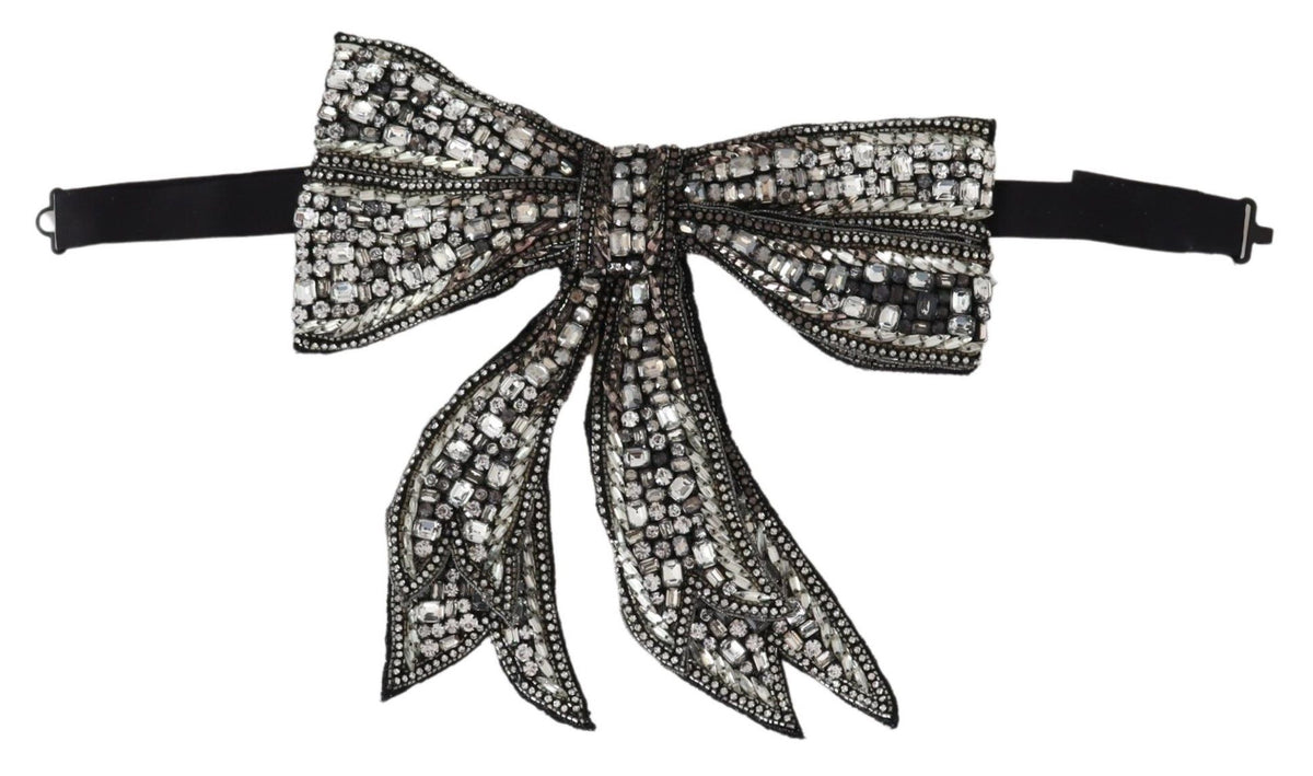 Elevate your style with the Dolce & Gabbana Silver Crystal Beaded Sequined Catwalk Necklace Bowtie, a masterpiece of silk and artisanal elegance, perfect for the discerning individual.