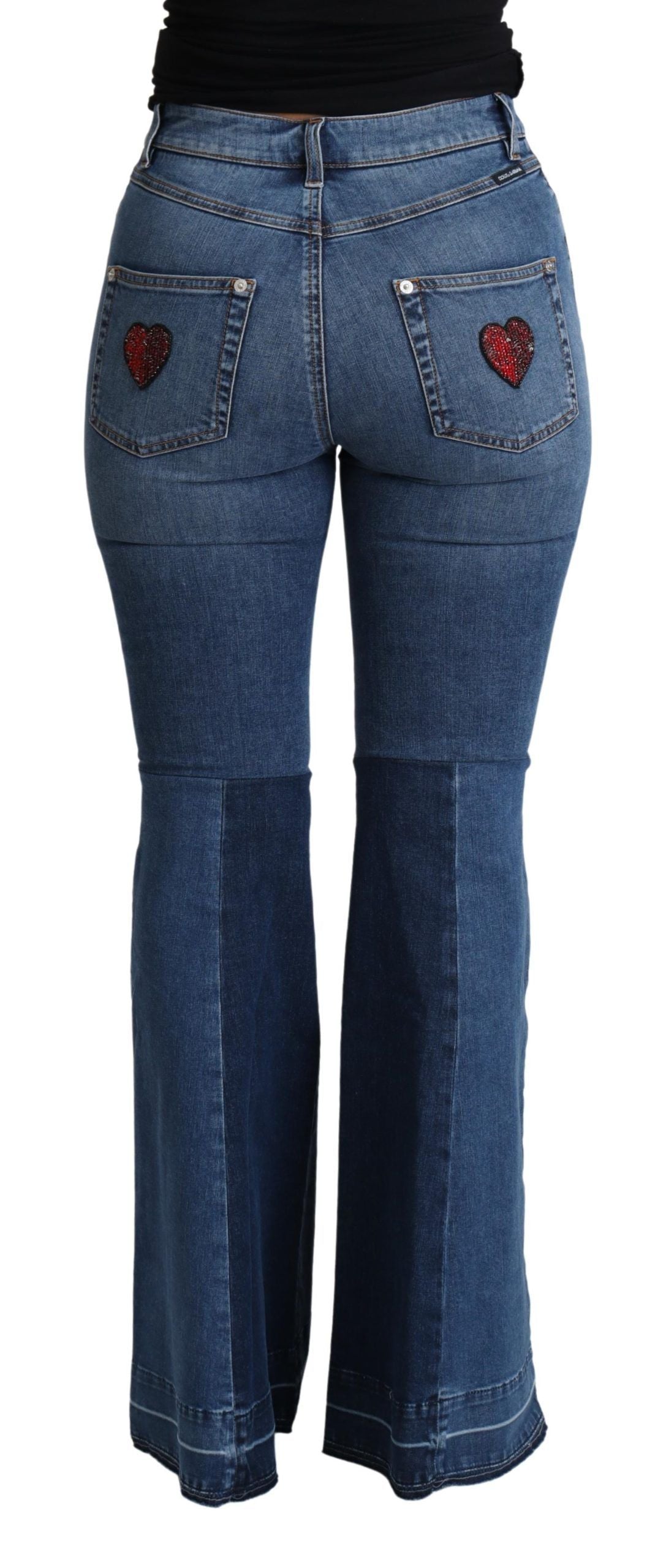 Elevate your wardrobe with Dolce & Gabbana's Blue Amore Patch Boot Cut Cotton Stretch Pant, a fusion of Italian craftsmanship and sensual elegance, perfect for any occasion.