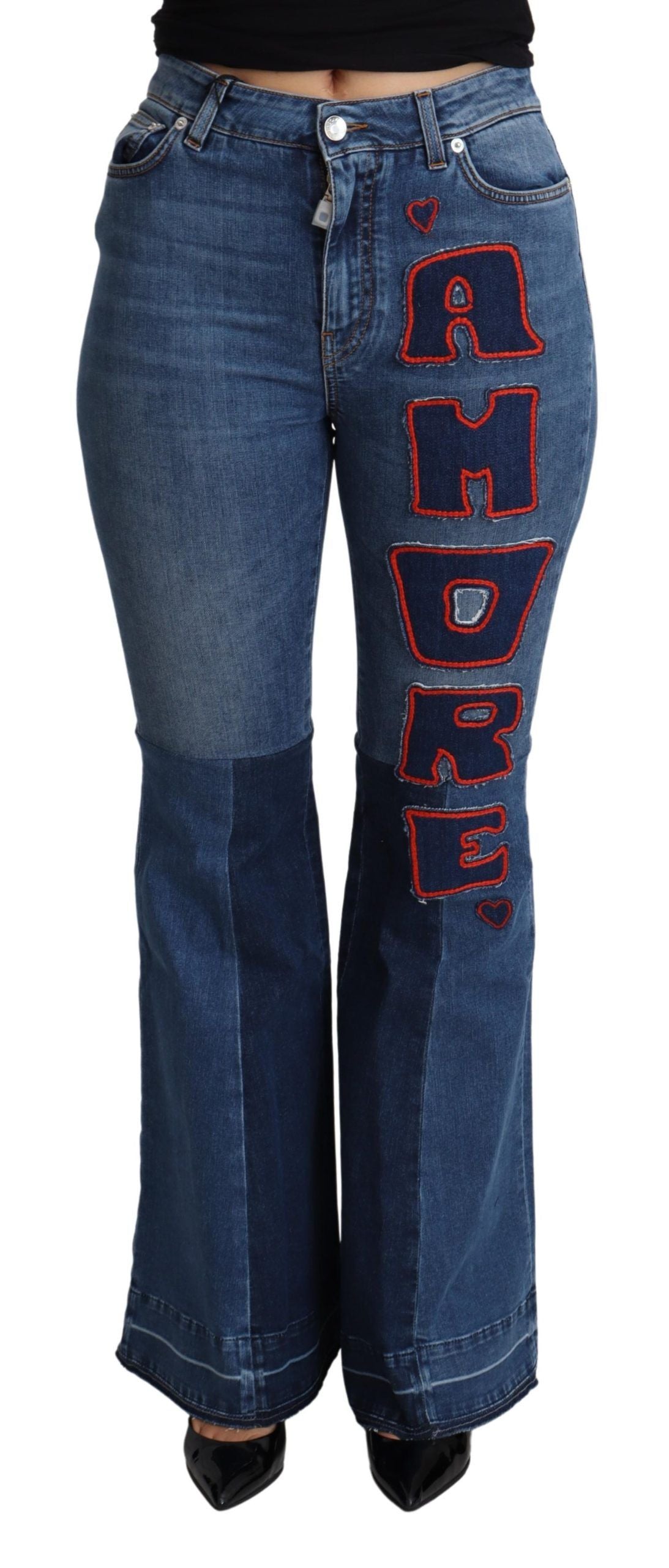 Elevate your wardrobe with Dolce & Gabbana's Blue Amore Patch Boot Cut Cotton Stretch Pant, a masterpiece of Italian craftsmanship that embodies timeless elegance and sensual allure.