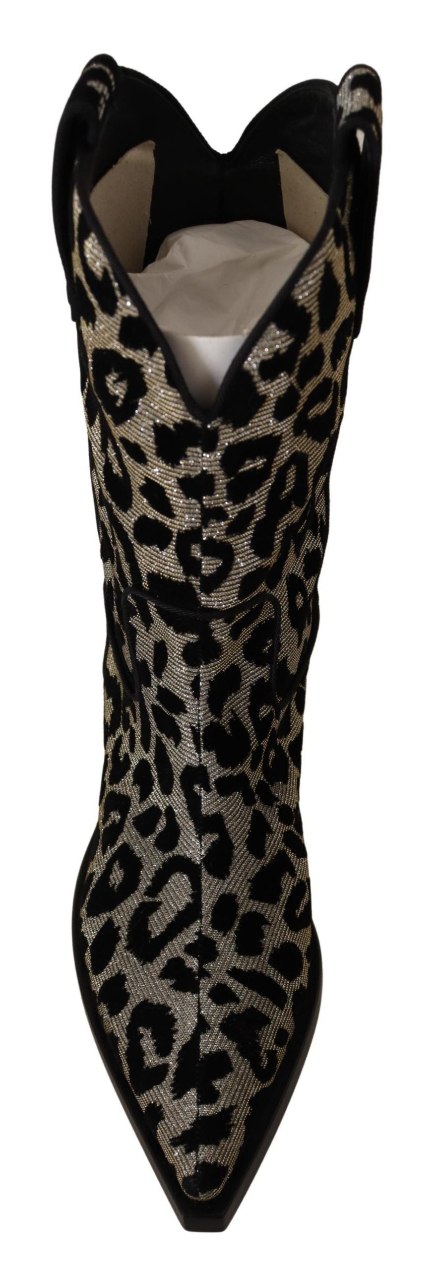 Step into opulence with Dolce & Gabbana's Gray Black Leopard Cowboy Boots, where Italian craftsmanship meets bold luxury, perfect for any sophisticated affair.