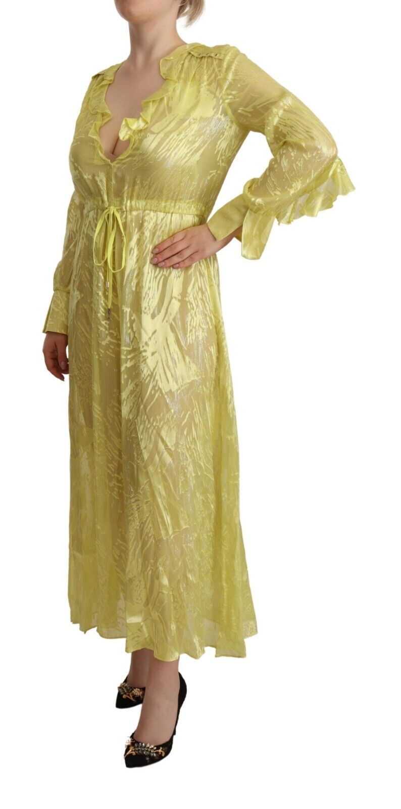 Indulge in the allure of the Patrizia Pepe Yellow Silk Long Sleeves Plunging Maxi Dress, a luxurious blend of silk and sophistication, perfect for unforgettable moments.