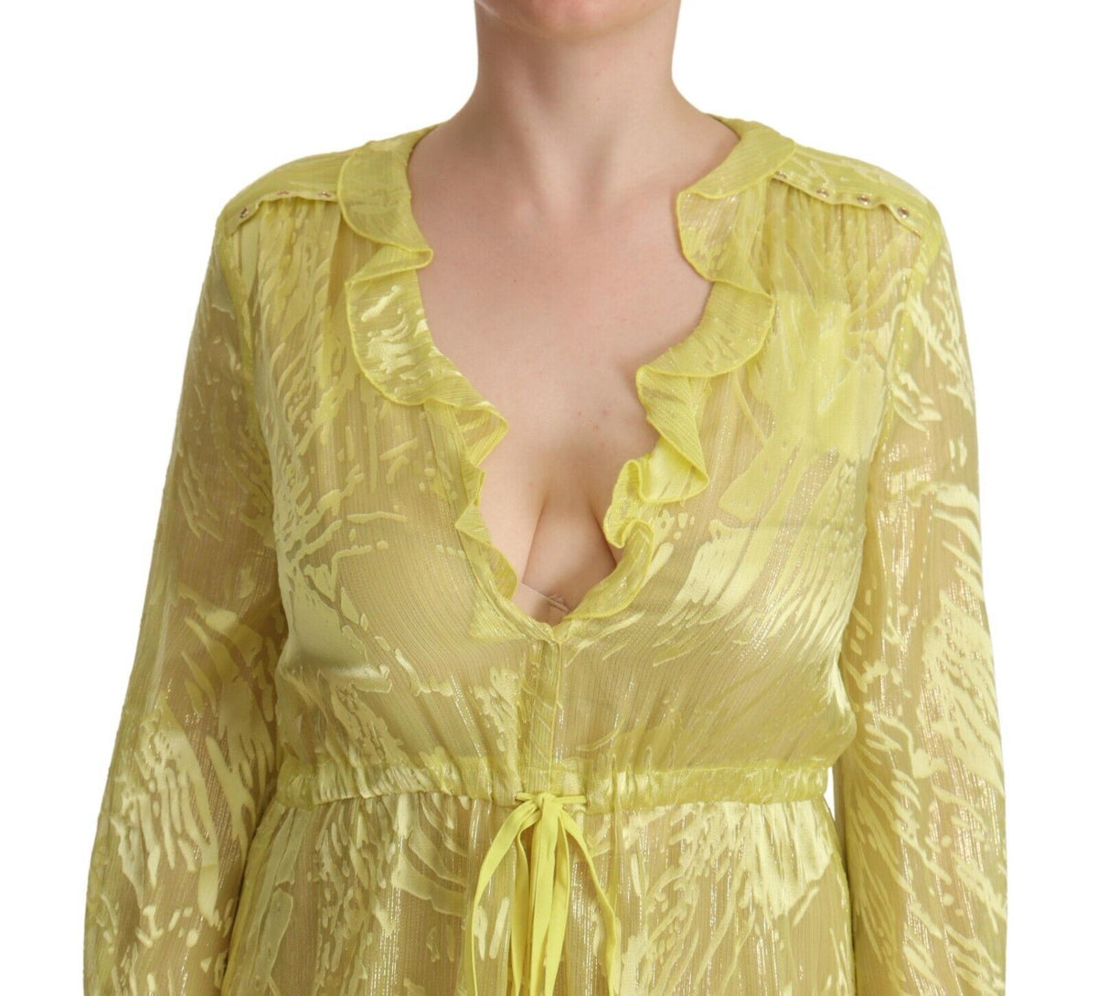 Indulge in the allure of the Patrizia Pepe Yellow Silk Long Sleeves Plunging Maxi Dress, a luxurious blend of silk and sophistication, perfect for unforgettable moments.