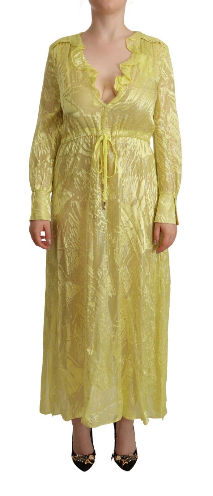 Experience the allure of the Patrizia Pepe Yellow Silk Long Sleeves Plunging Maxi Dress, a masterpiece of luxurious silk blend that embodies timeless elegance and sophistication.