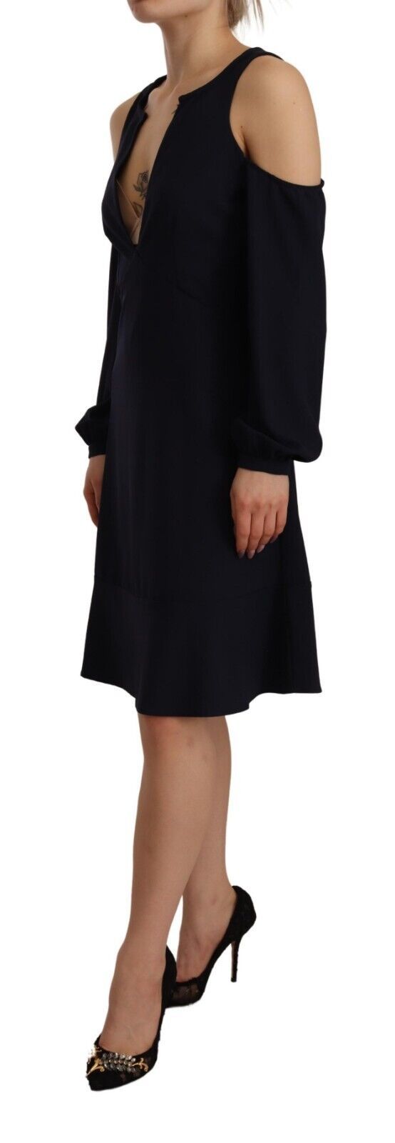 Elevate your wardrobe with the Twinset Black Long Sleeves Open Shoulder A-line Dress, a masterpiece of luxurious craftsmanship and timeless elegance, perfect for any sophisticated occasion.