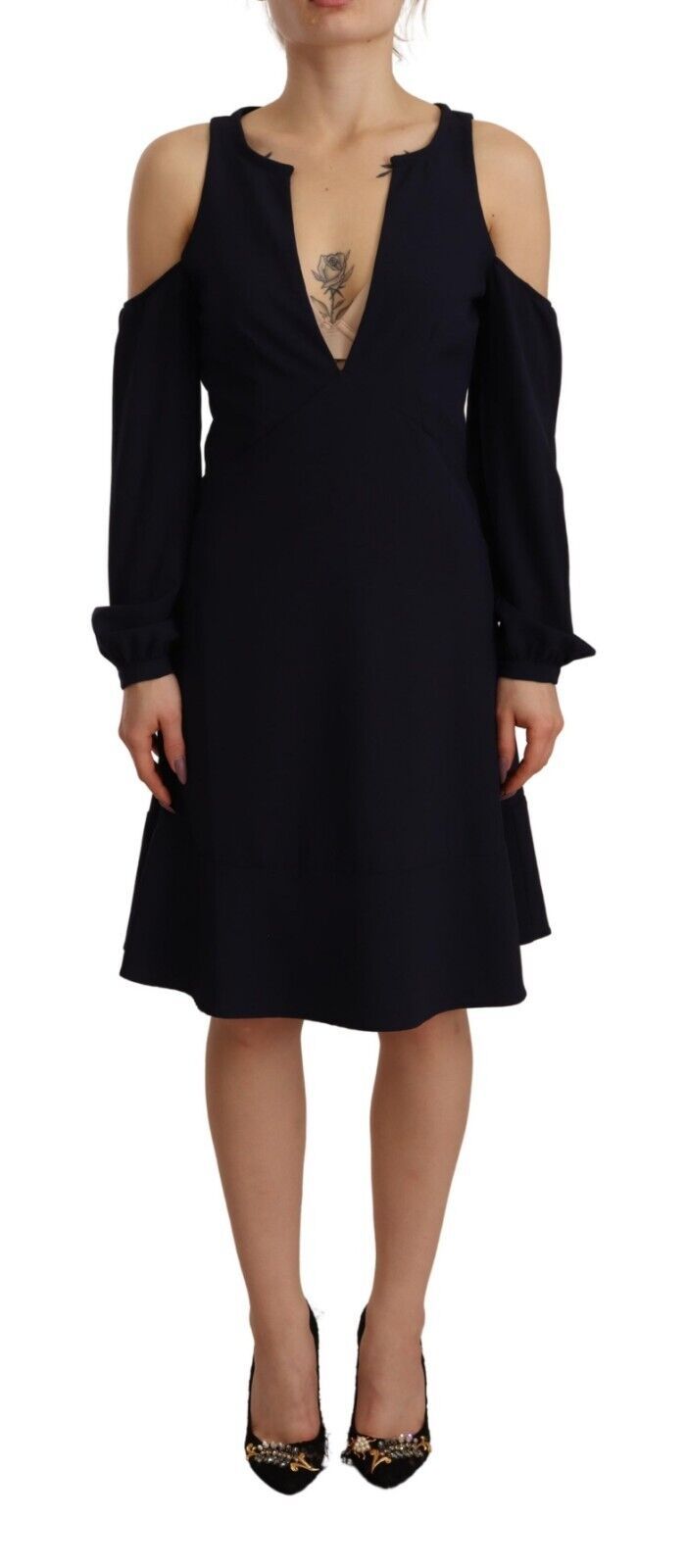Indulge in the exquisite Twinset Black Long Sleeves Open Shoulder A-line Dress, where luxurious craftsmanship meets timeless elegance, perfect for every sophisticated occasion.