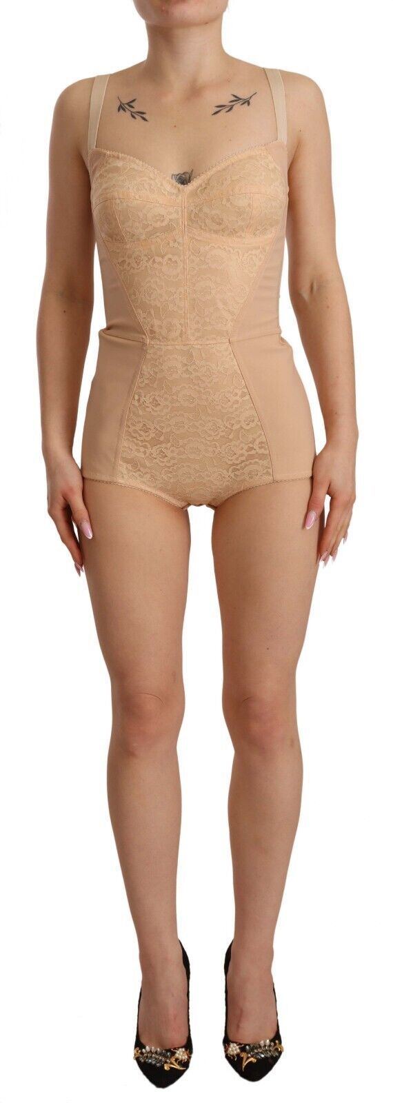 Elevate your allure with the Dolce & Gabbana Beige Nylon Floral Lace Bodysuit, a masterpiece of Italian craftsmanship that embodies luxury and sophistication for every occasion.