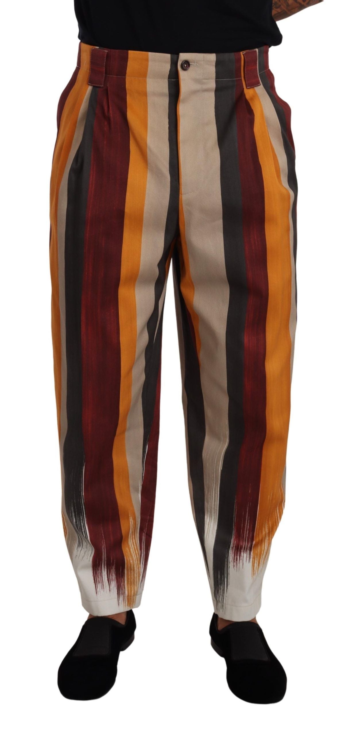 Elevate your style with Dolce & Gabbana's Multicolor Striped Cotton Tapered Trouser Pants, a luxurious blend of flax and cotton, embodying refined Italian craftsmanship and timeless elegance.