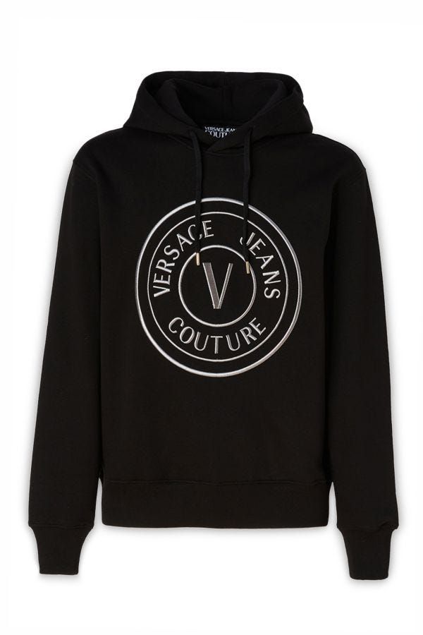 Elevate your wardrobe with the Versace Jeans Black Cotton Logo Details Hooded Sweatshirt, a luxurious blend of comfort and elegance, perfect for versatile styling.