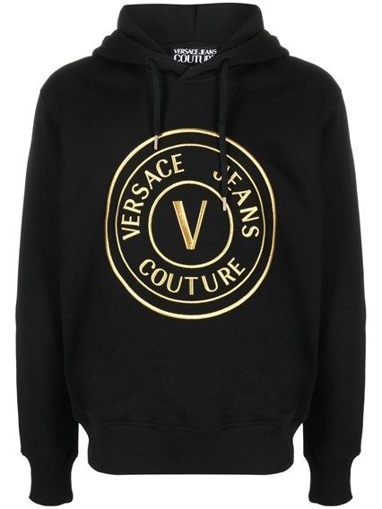 Indulge in the Versace Jeans Black Cotton Logo Details Hooded Sweatshirt, where premium cotton meets iconic design, embodying effortless sophistication for the discerning individual.