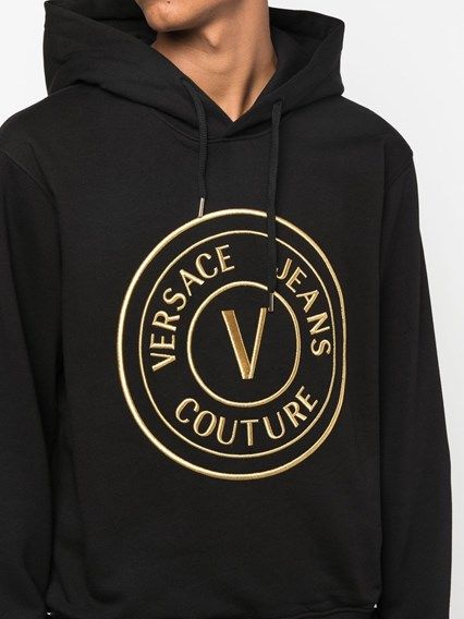 Indulge in the Versace Jeans Black Cotton Logo Details Hooded Sweatshirt, where luxurious cotton meets iconic design, elevating your style for any occasion.