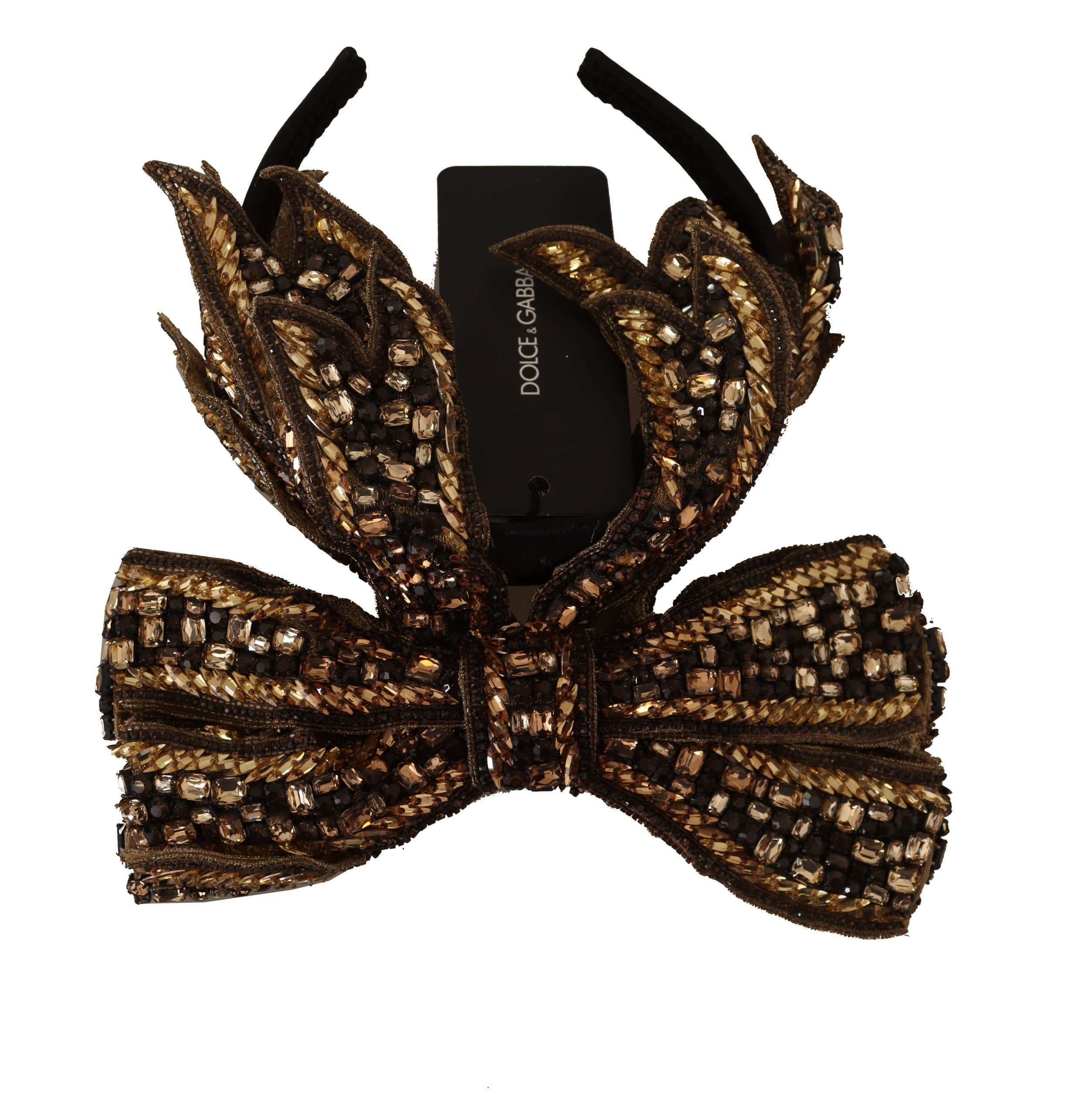Indulge in the opulence of Dolce & Gabbana's Gold Crystal Beaded Silk Bow Headband, a handcrafted masterpiece that embodies exquisite Italian craftsmanship and timeless elegance.