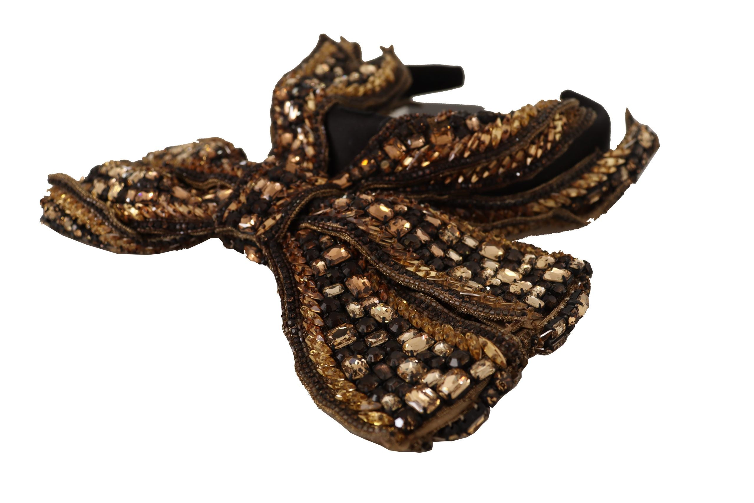 Indulge in the exquisite allure of the Dolce & Gabbana Gold Crystal Beaded Silk Bow Headband, a handcrafted diadem that embodies couture luxury and timeless elegance.
