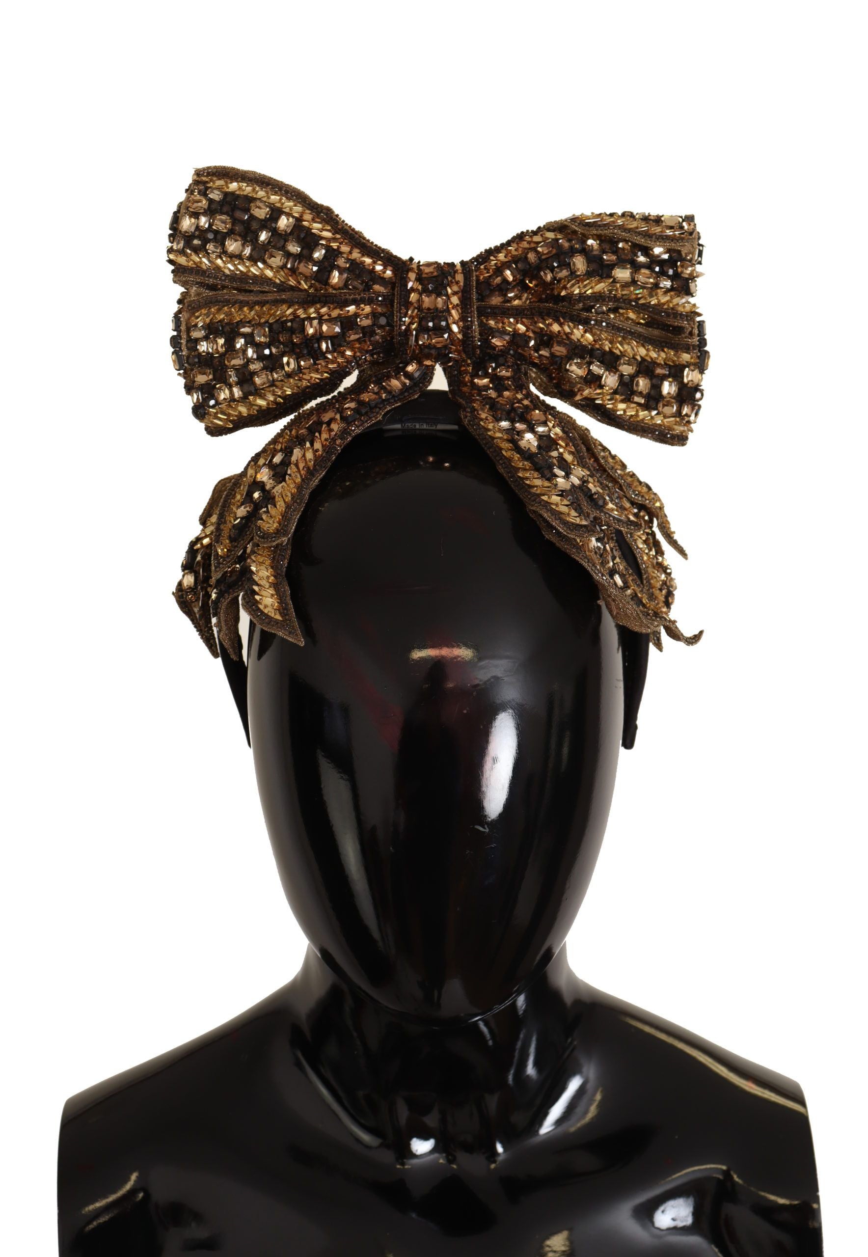 Indulge in the opulence of Dolce & Gabbana's Gold Crystal Beaded Silk Bow Headband, a handcrafted masterpiece that elevates your elegance and embodies exquisite Italian artistry.