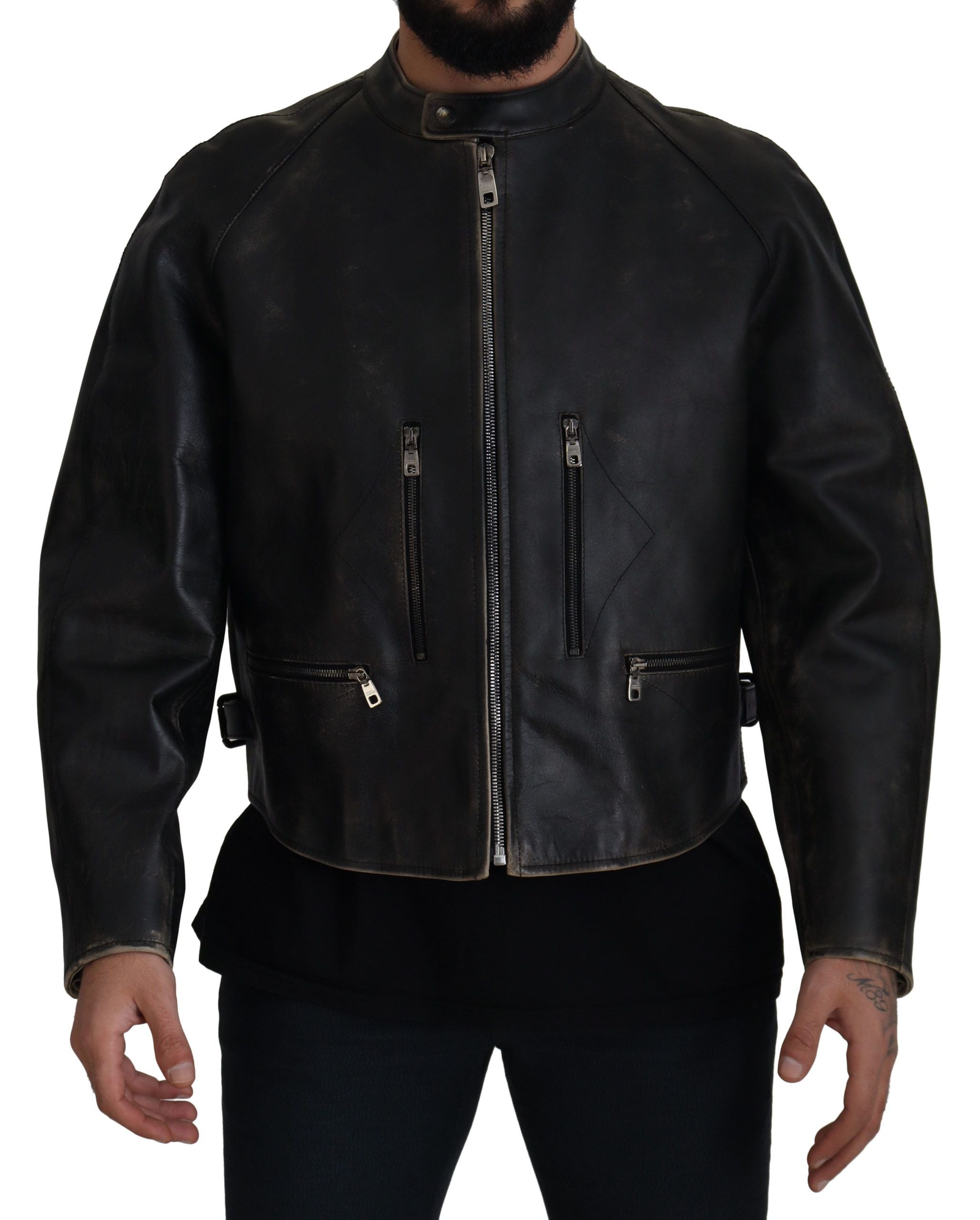 Indulge in the exquisite Dolce & Gabbana Black Leather Zipper Biker Coat Jacket, a masterpiece of Italian craftsmanship that embodies luxury and sophistication.