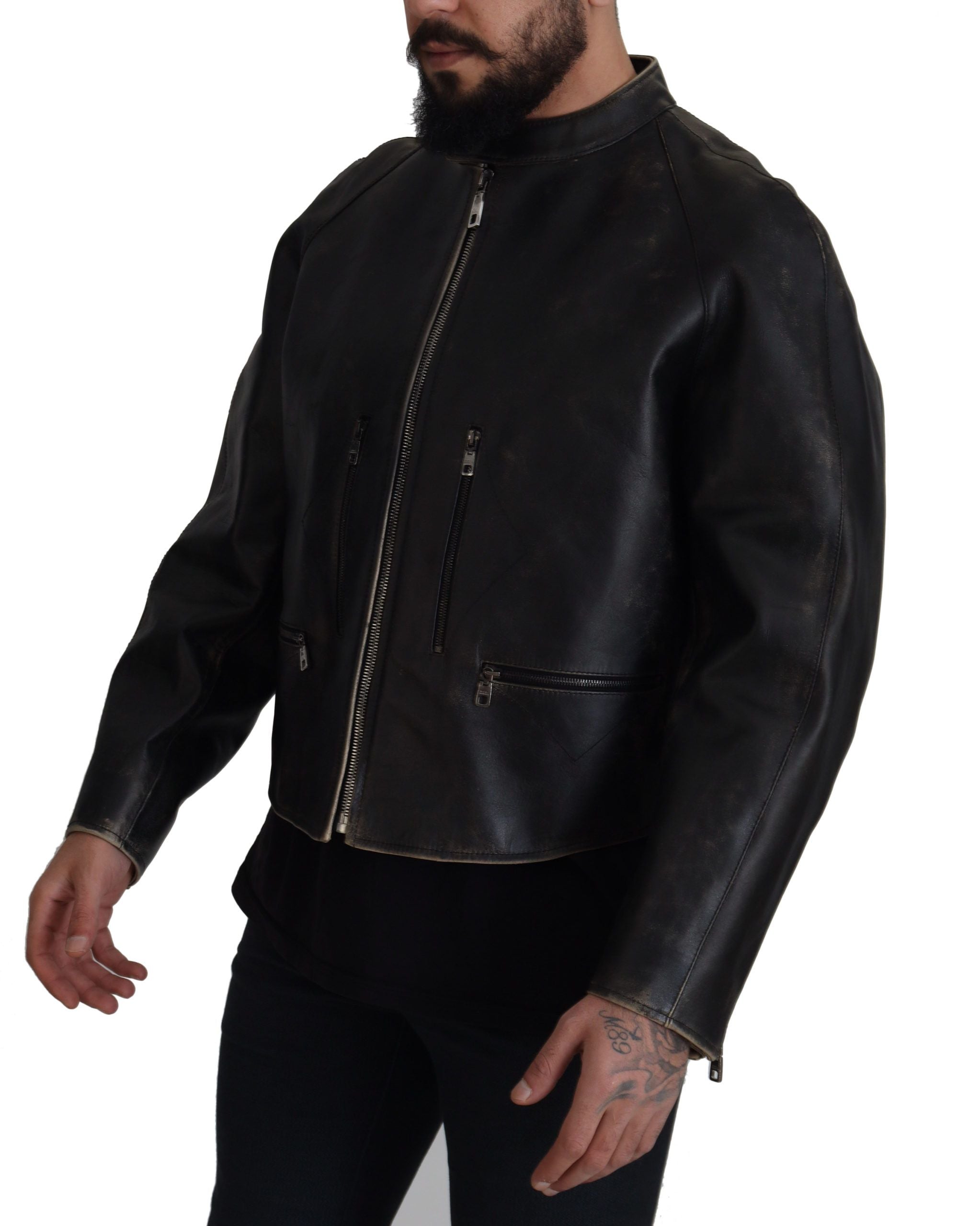 Indulge in the exquisite Dolce & Gabbana Black Leather Zipper Biker Coat Jacket, a masterpiece of Italian craftsmanship that embodies luxury and timeless elegance.