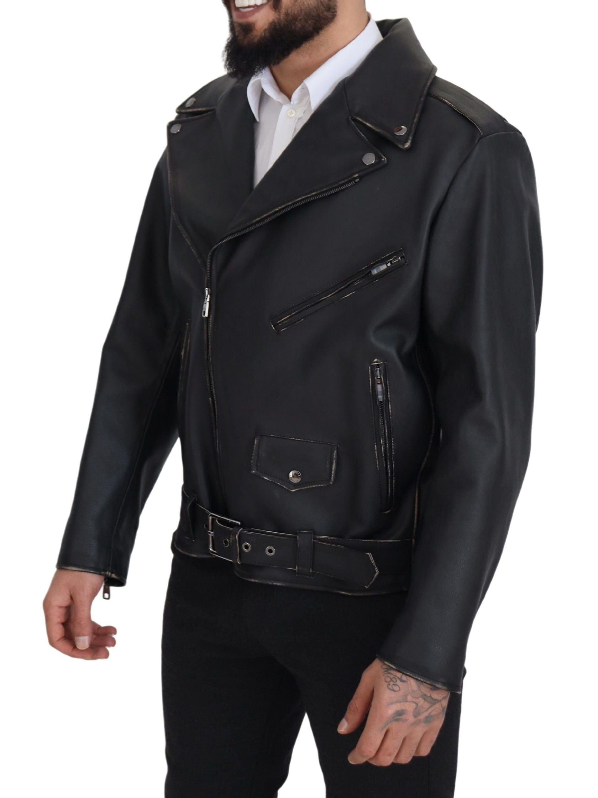 Discover the Dolce & Gabbana Black Leather Biker Coat, a masterpiece of Italian craftsmanship that exudes timeless elegance and sophisticated allure.