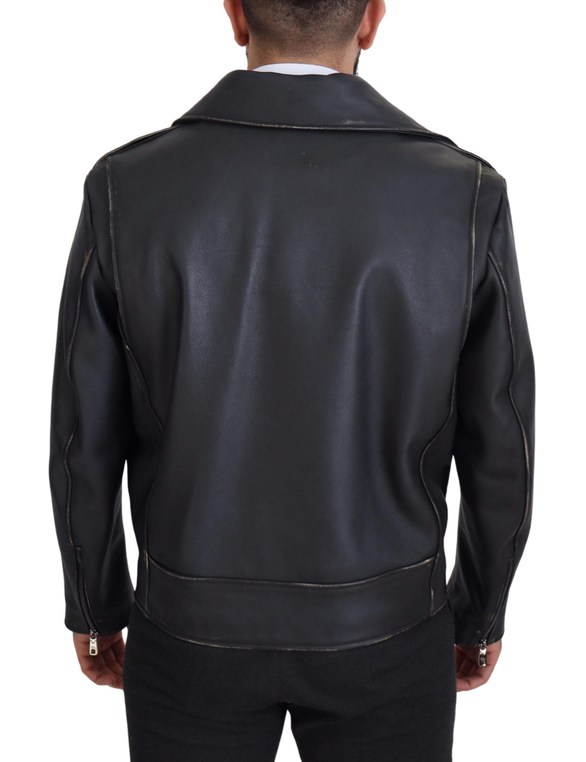Indulge in the exquisite Dolce & Gabbana Black Leather Biker Coat, a timeless masterpiece of luxury craftsmanship, designed to elevate your style with sophistication and allure.