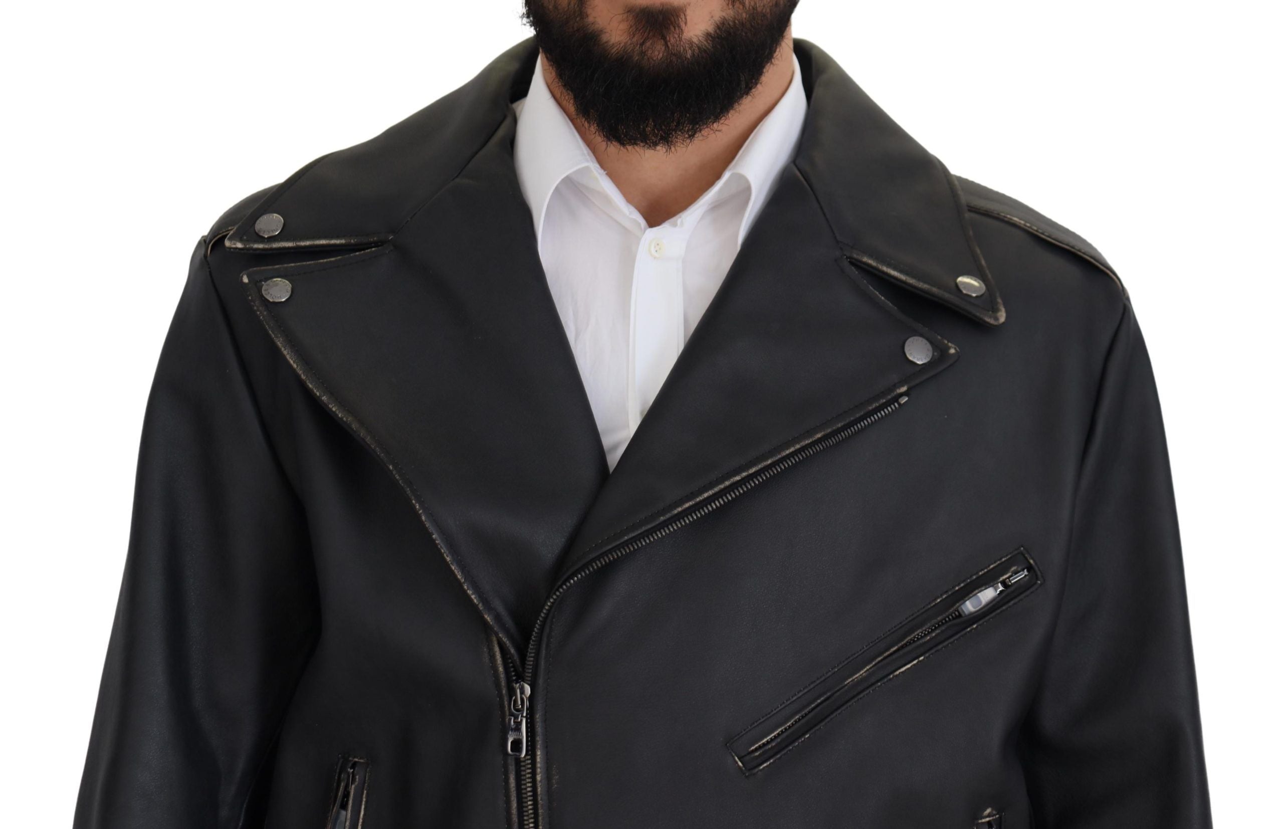 Indulge in the exquisite Dolce & Gabbana Black Leather Biker Coat, a timeless blend of luxury craftsmanship and modern elegance, perfect for the discerning individual.