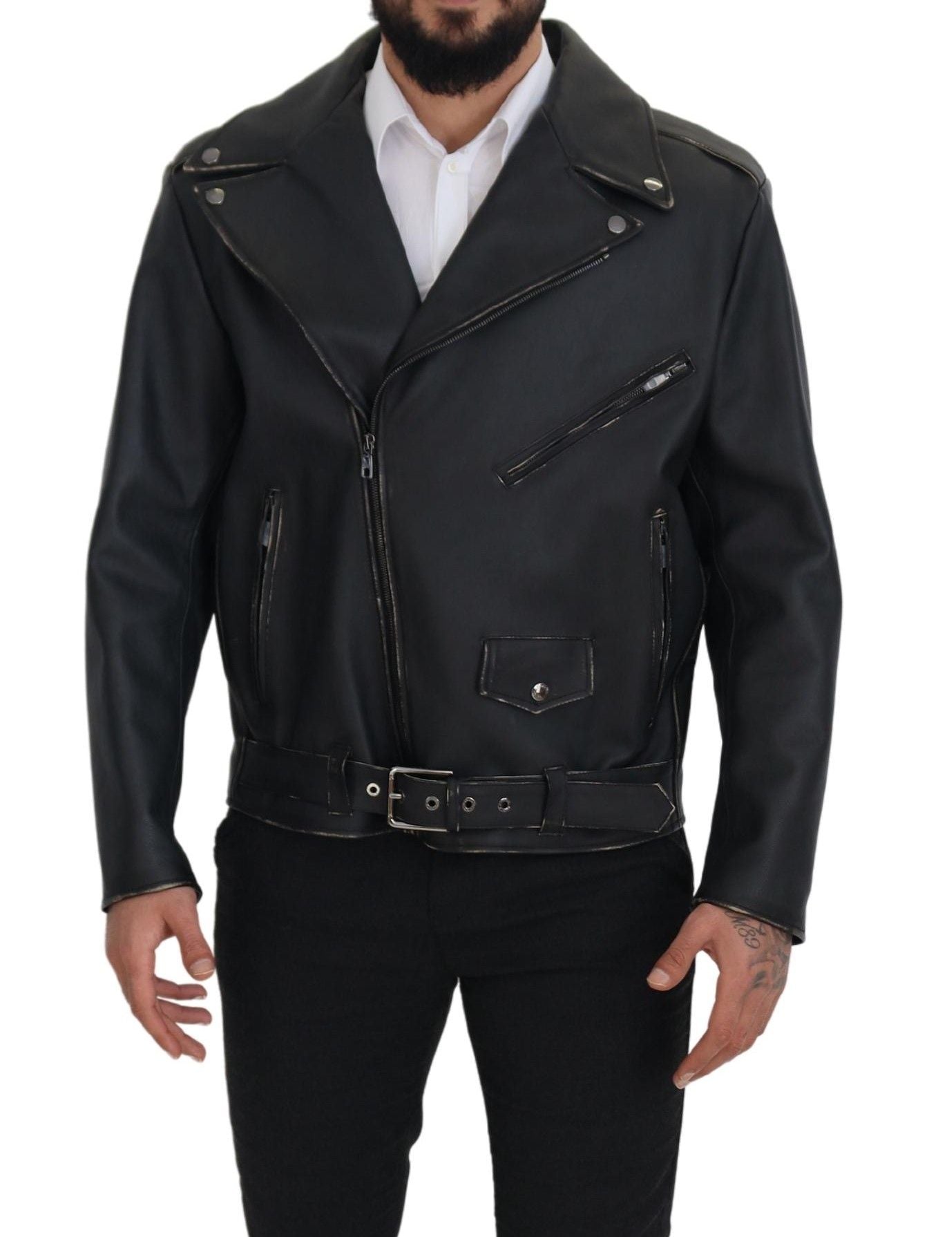 Indulge in the exquisite Dolce & Gabbana Black Leather Biker Coat, a timeless masterpiece crafted from premium leather, embodying elegance and sophistication for the discerning individual.