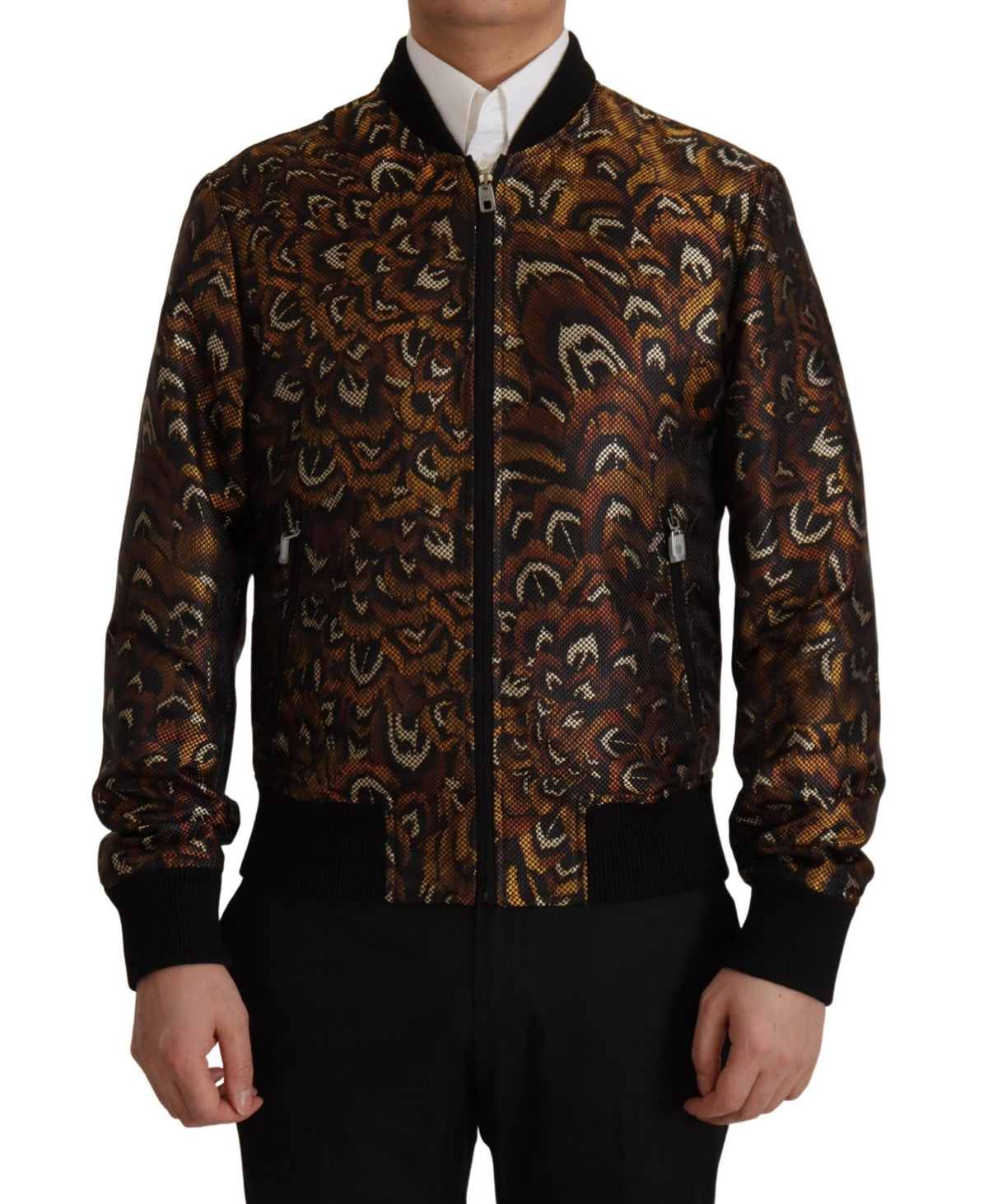 Elevate your wardrobe with the Dolce & Gabbana Brown Feather Full Zip Blouson Jacket, a masterpiece of Italian craftsmanship that embodies timeless luxury and sophistication.