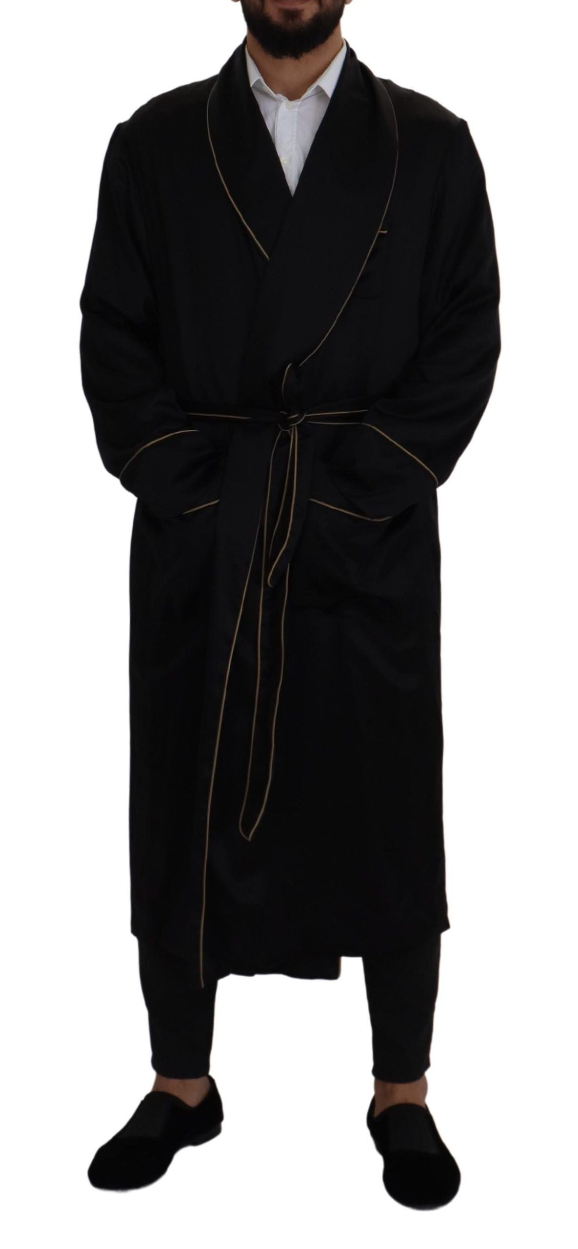Dolce & Gabbana Black 100% Silk Robe Coat Wrap Jacket