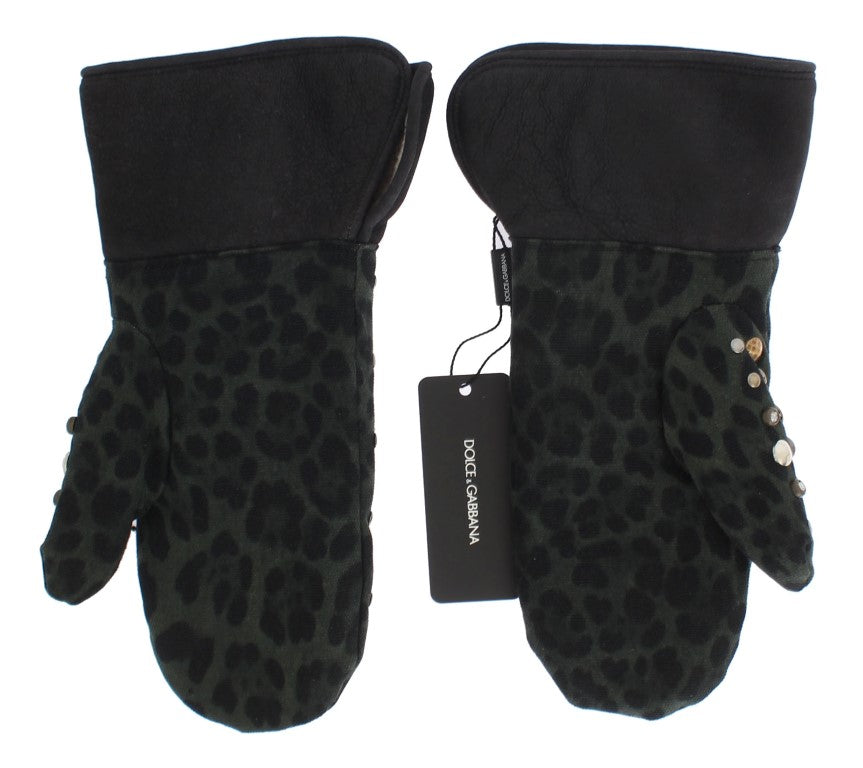 Dolce & Gabbana Gray Wool Shearling Studded Green Leopard Gloves