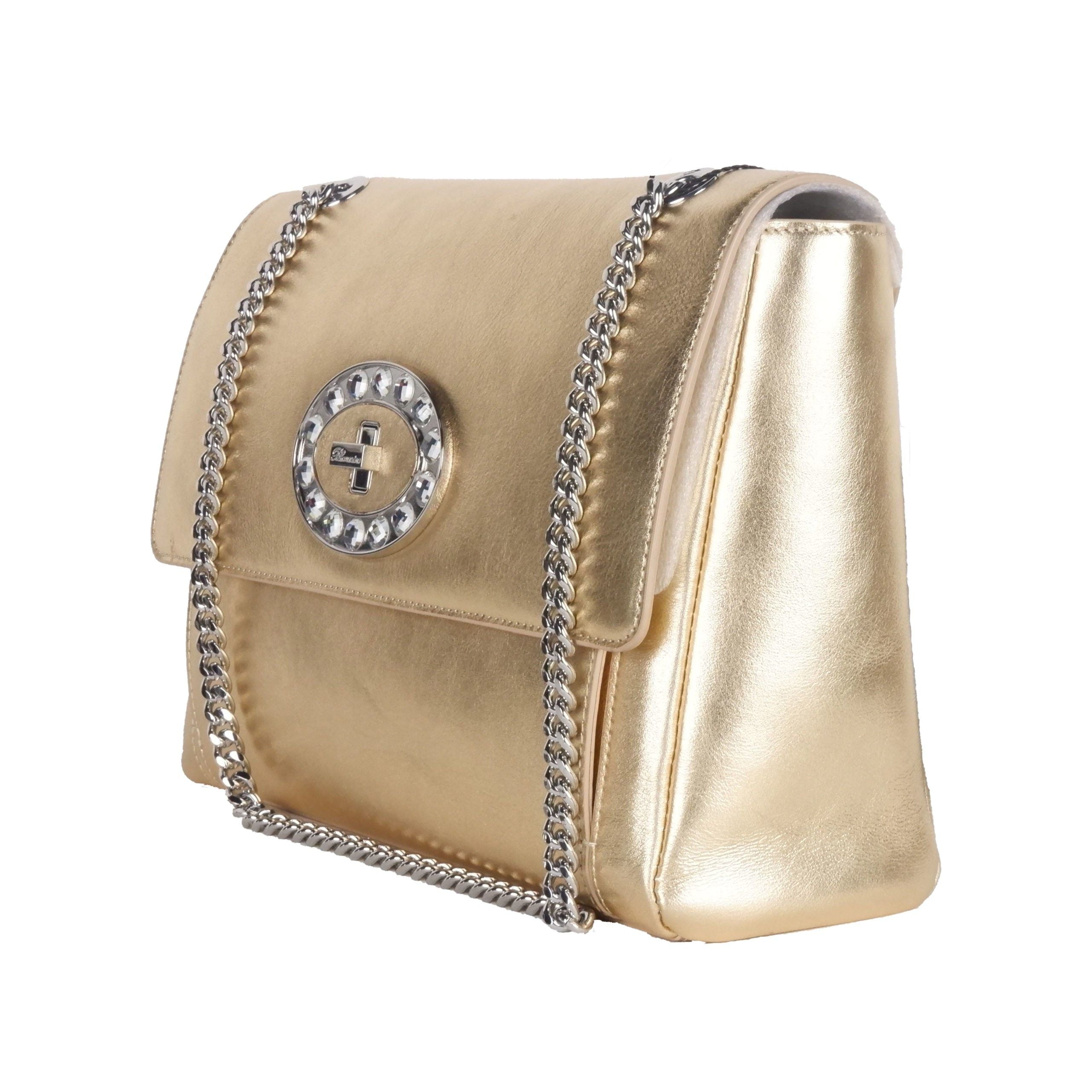 Discover the Blumarine Gold Leather Shoulder Bag, a masterpiece of artisanal luxury that elevates your style with its radiant allure and sophisticated design.