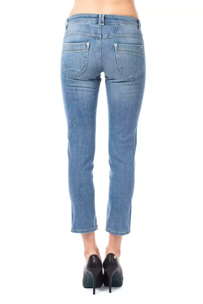 Elevate your wardrobe with Ungaro Fever Light Blue Cotton Capri Jeans, where exquisite craftsmanship meets luxurious comfort for the discerning individual.
