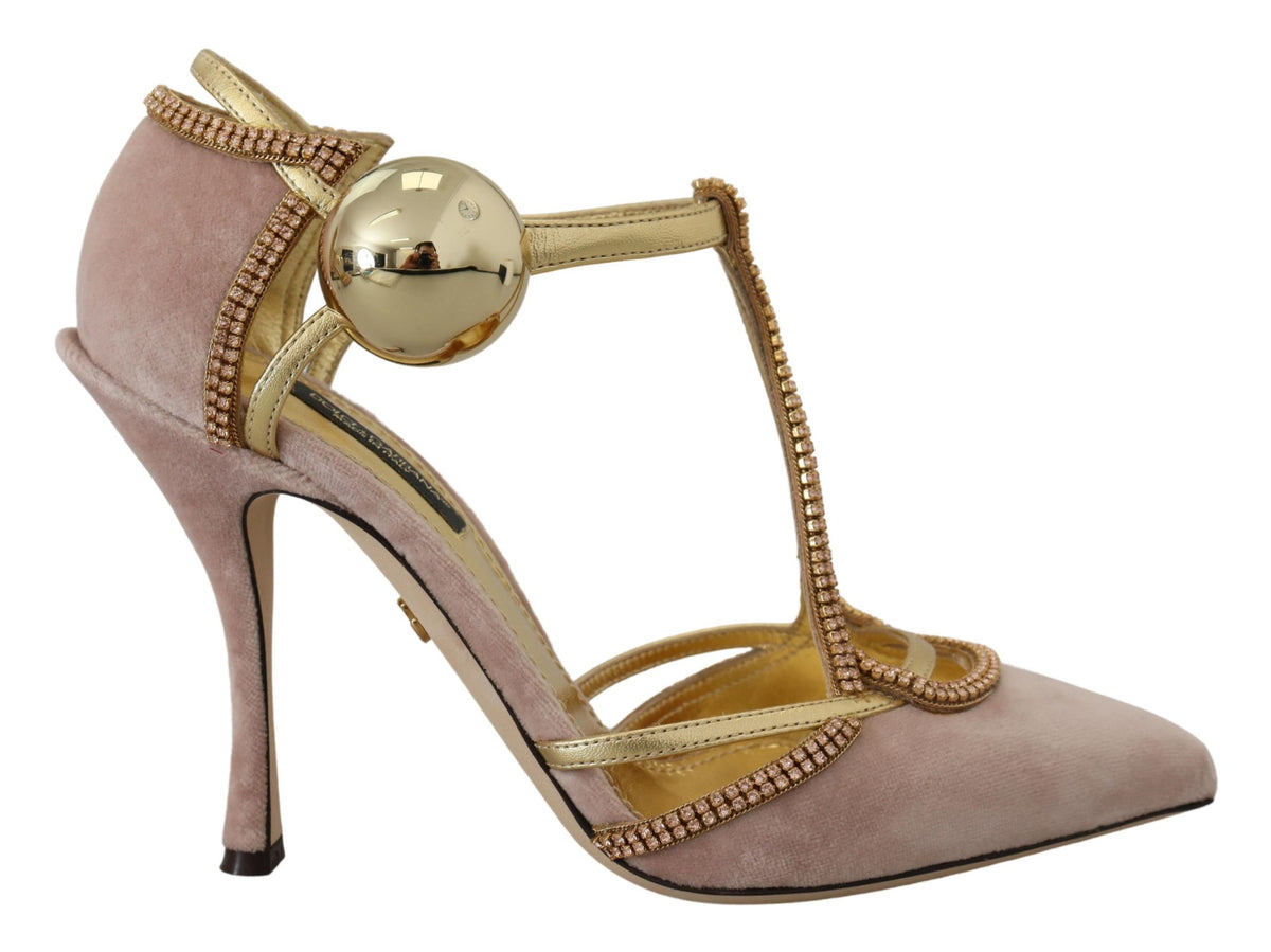 Indulge in the allure of Dolce & Gabbana's Pink Crystal T-strap Heels, where exquisite pink satin meets dazzling craftsmanship, perfect for elevating any occasion.