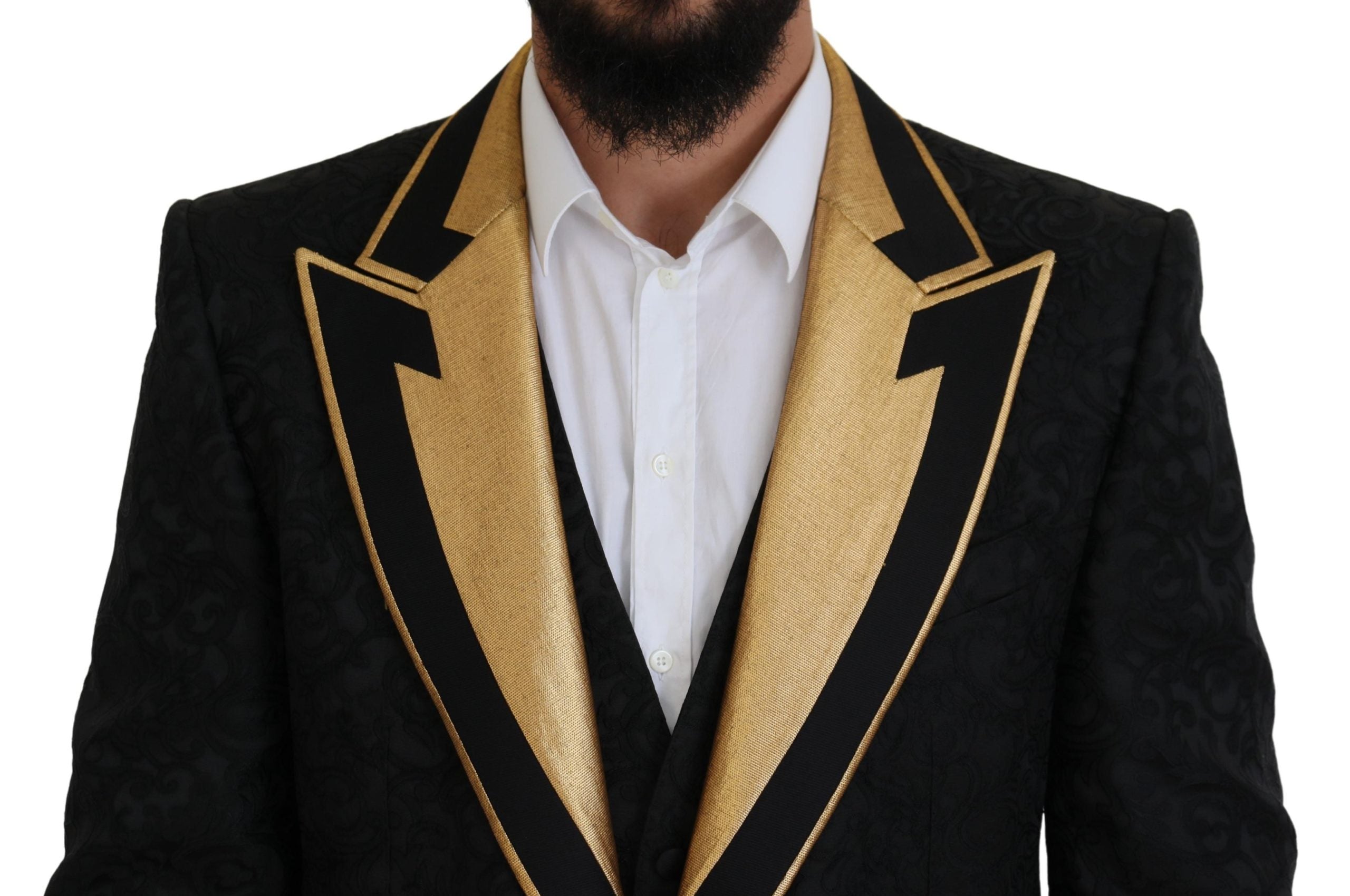 Experience the allure of Dolce & Gabbana's Black Gold Fantasy Tuxedo Slim Fit Suit, a masterpiece of Italian craftsmanship, blending luxurious silk and acetate for timeless elegance.