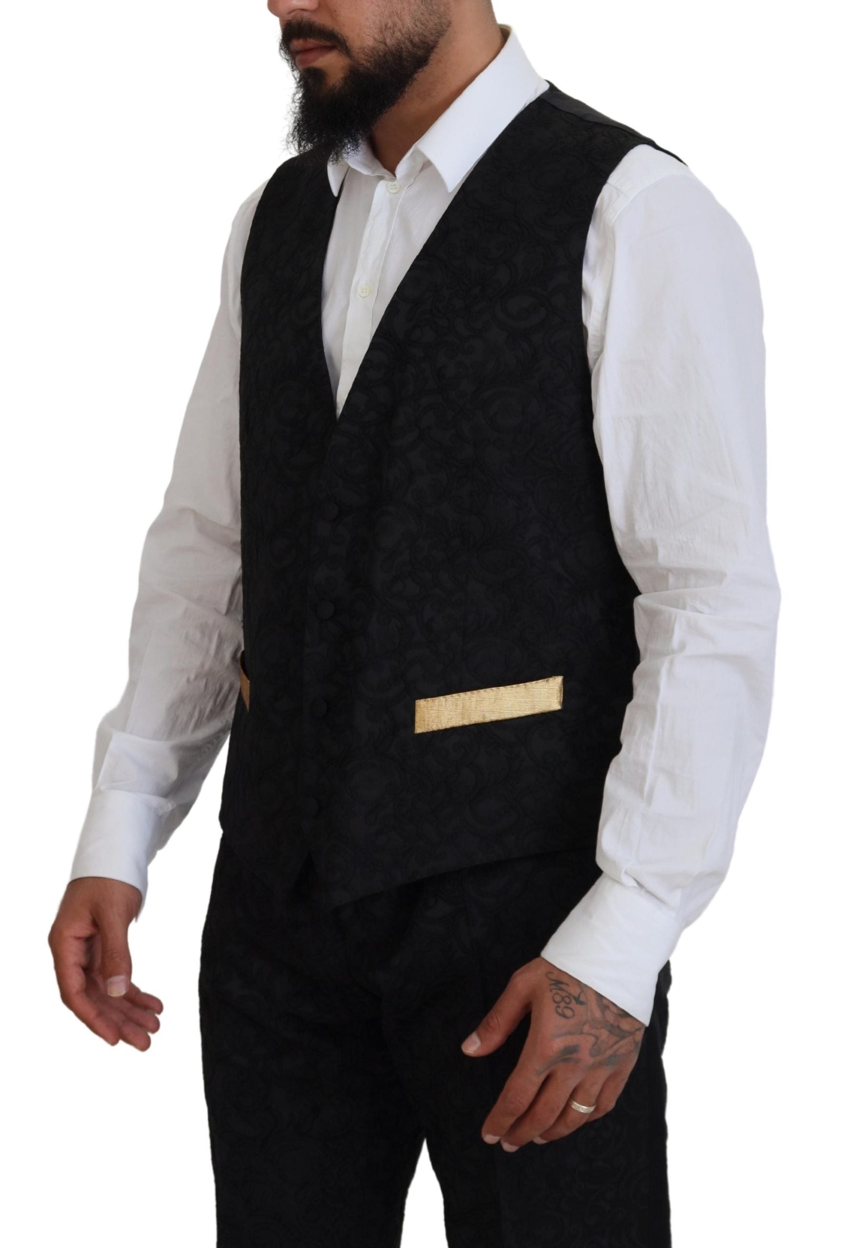 Experience the exquisite allure of the Dolce & Gabbana Black Gold Fantasy Tuxedo Slim Fit Suit, a masterful blend of silk and acetate, crafted for timeless elegance and sophistication.