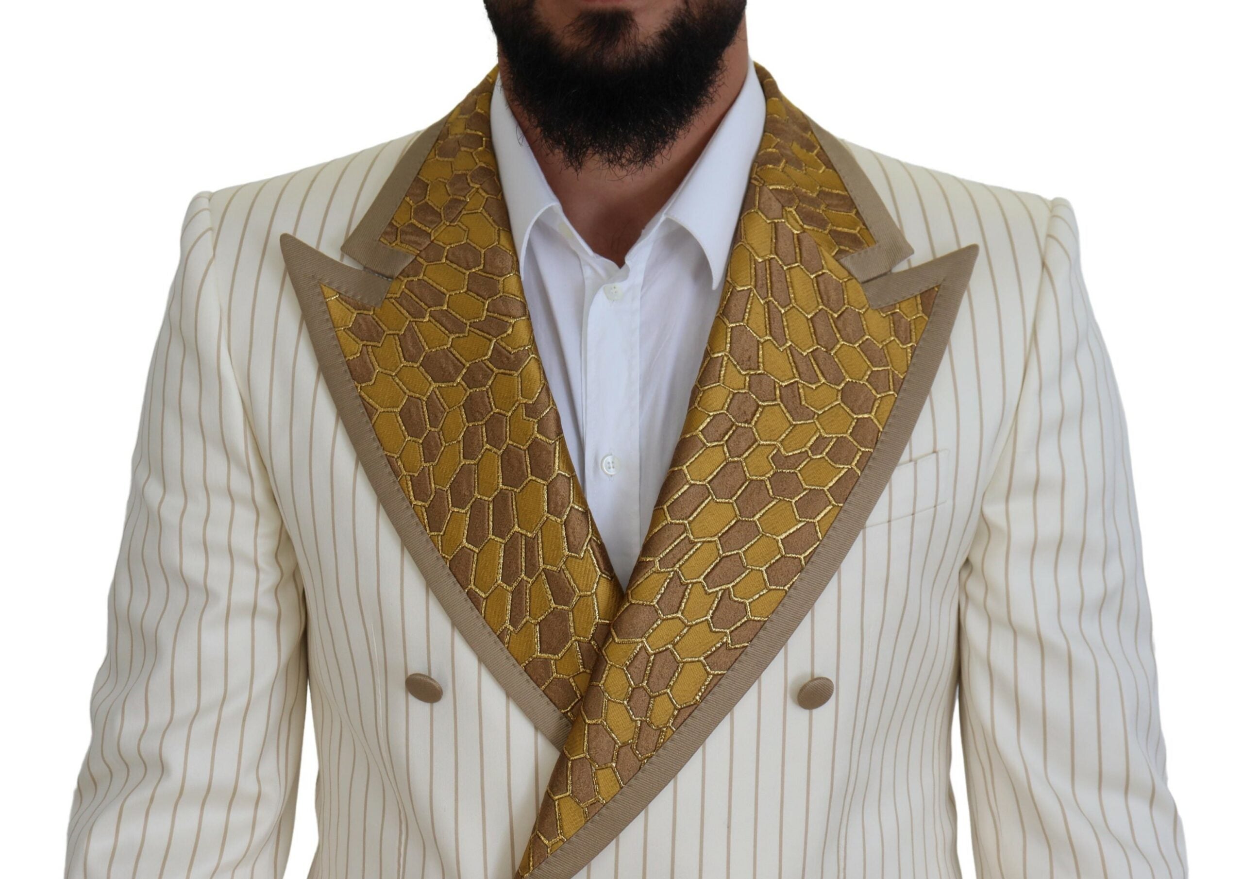 Discover the exquisite Dolce & Gabbana Off White Gold Striped Tuxedo Slim Fit Suit, a masterpiece of Italian craftsmanship that embodies elegance and sophistication for the discerning individual.