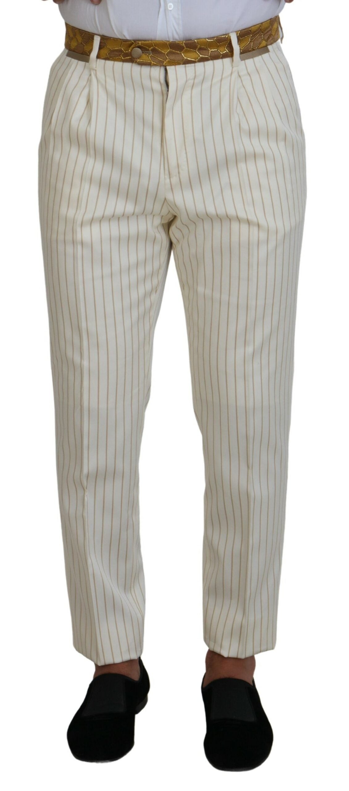 Elevate your elegance with the Dolce & Gabbana Off White Gold Striped Tuxedo Slim Fit Suit, a masterpiece of Italian craftsmanship designed for those who embody sophistication and allure.