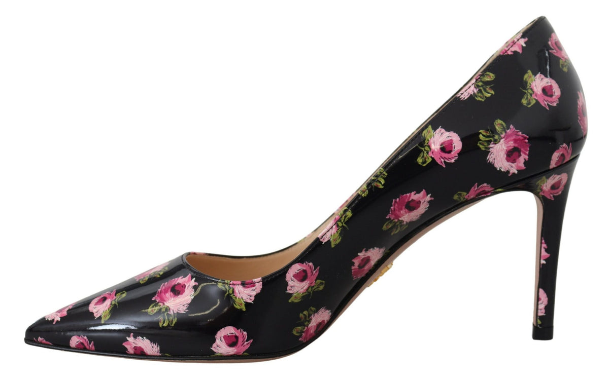 Prada Black Leather Floral Heels - Timeless Luxury Footwear