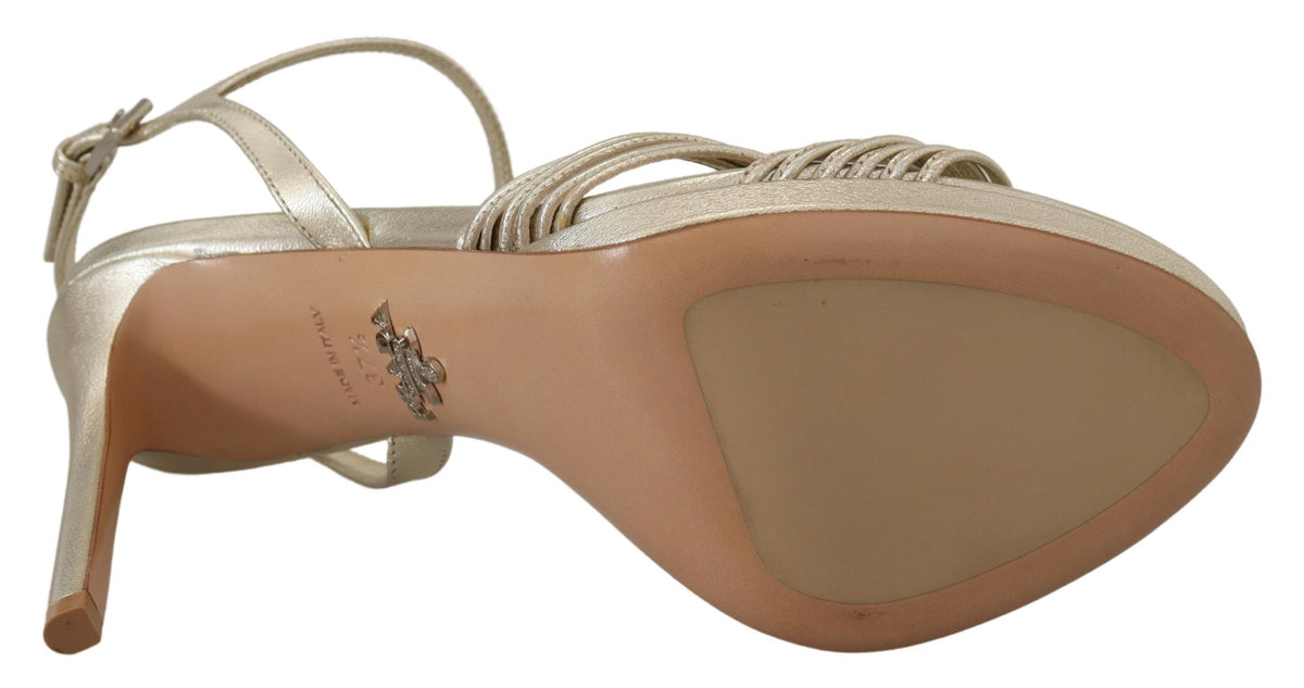 Elevate your elegance with Prada Gold Leather Sandals, meticulously crafted in Italy from luxurious leather, embodying timeless sophistication for every occasion.