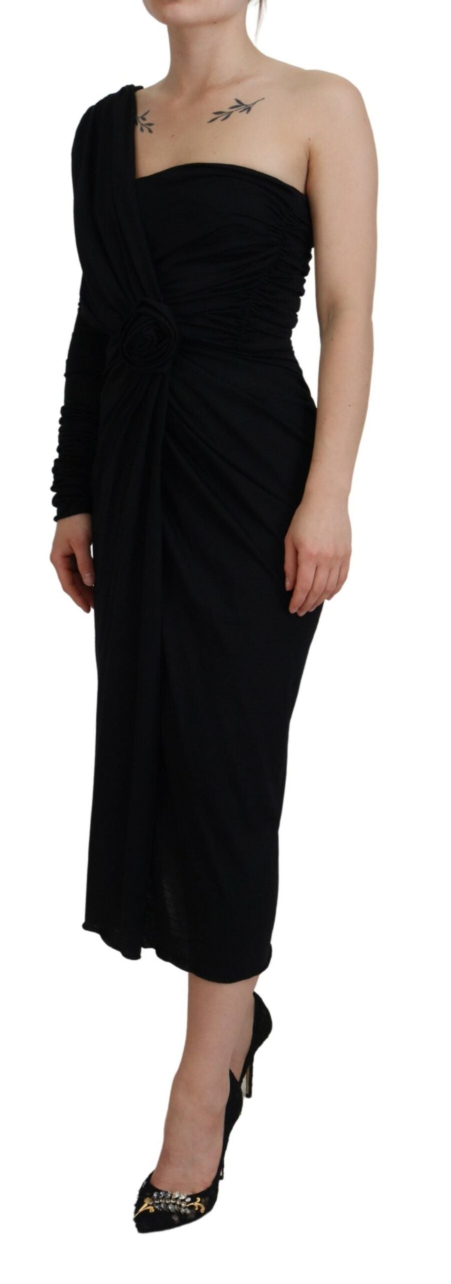 Dolce & Gabbana Black One Shoulder Wool Midi Dress - Timeless Elegance
