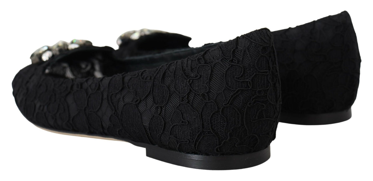 Indulge in the exquisite Dolce & Gabbana Black Taormina Lace Crystals Flats, where artisanal elegance meets luxurious comfort, perfect for the discerning connoisseur.