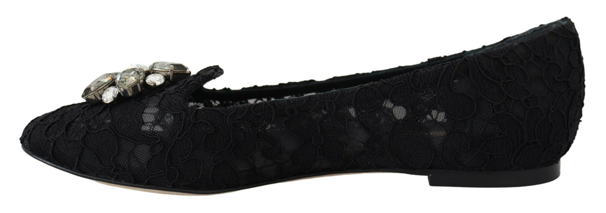 Elevate your style with Dolce & Gabbana's Black Taormina Lace Crystals Flats, where exquisite craftsmanship meets timeless elegance for the discerning individual.