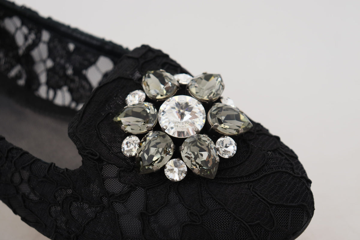 Elevate your elegance with Dolce & Gabbana's Black Taormina Lace Crystals Flats, where exquisite craftsmanship meets timeless allure for the discerning individual.