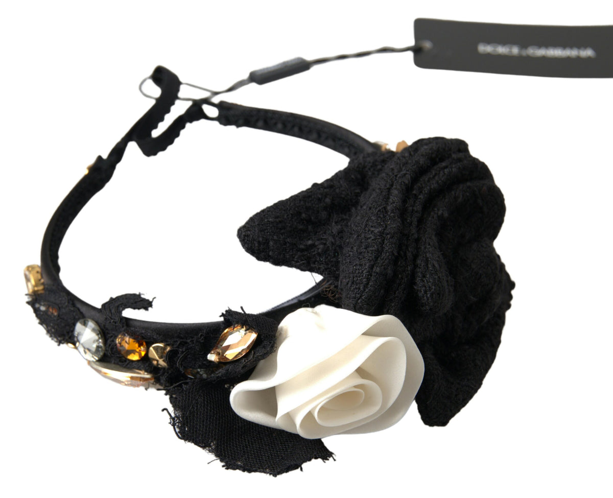 Elevate your elegance with the Dolce & Gabbana Diadem Headband Tiara, a luxurious blend of silk and wool, adorned with shimmering crystals and gold accents, perfect for any opulent occasion.