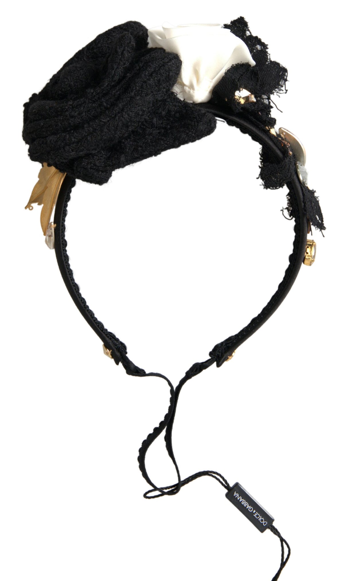 Elevate your elegance with the Dolce & Gabbana Diadem Headband Tiara, a luxurious blend of silk and wool, adorned with exquisite champagne crystals and gold detailing.