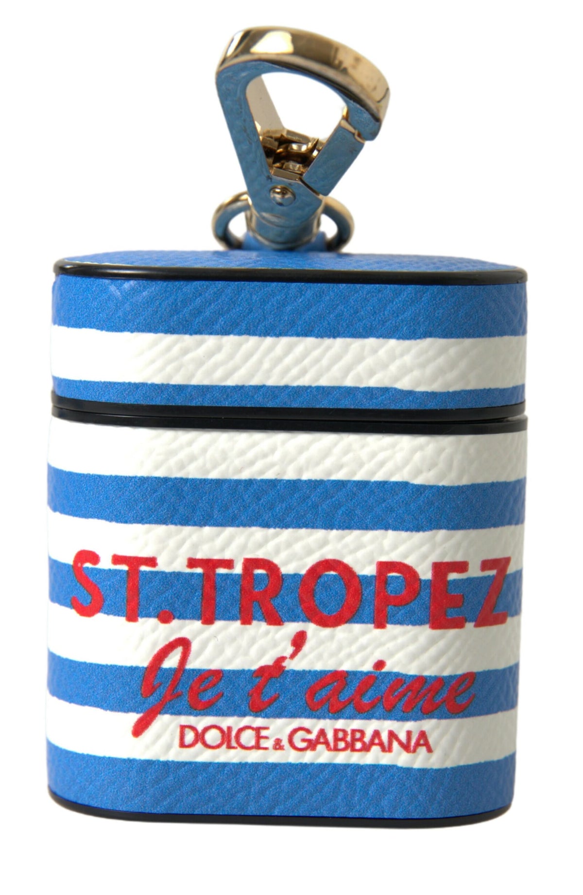 Elevate your style with the Dolce & Gabbana Blue Stripe Dauphine Leather Airpod Case, a luxurious blend of exquisite craftsmanship and iconic design, perfect for the discerning individual.