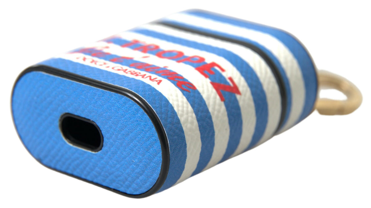 Elevate your style with the Dolce & Gabbana Blue Stripe Dauphine Leather Airpod Case, a luxurious blend of exquisite craftsmanship and iconic design, perfect for the discerning individual.