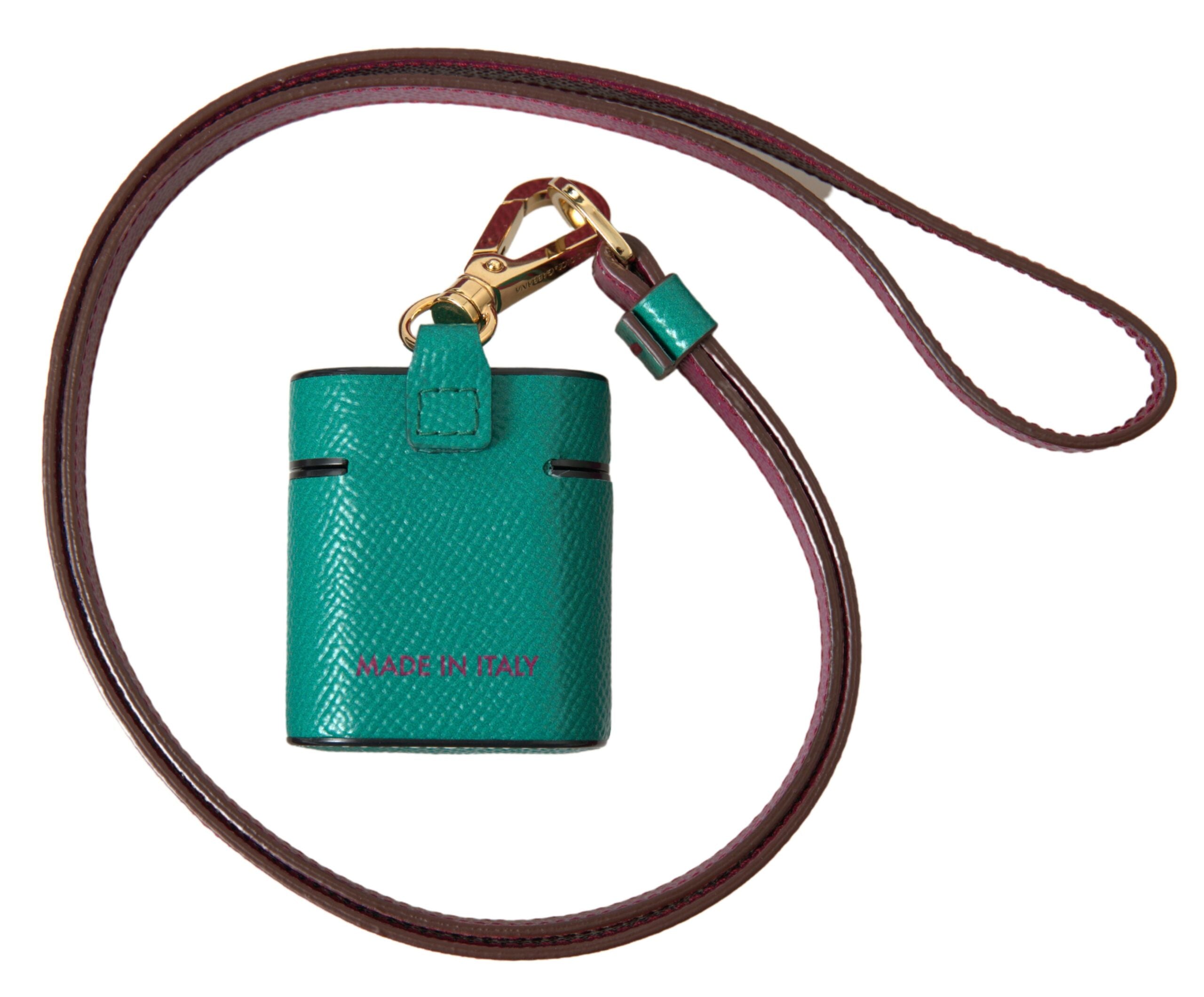 Indulge in the exquisite Dolce & Gabbana Green Maroon Calf Leather Airpods Case, a handcrafted masterpiece that elevates your tech accessories with timeless elegance.