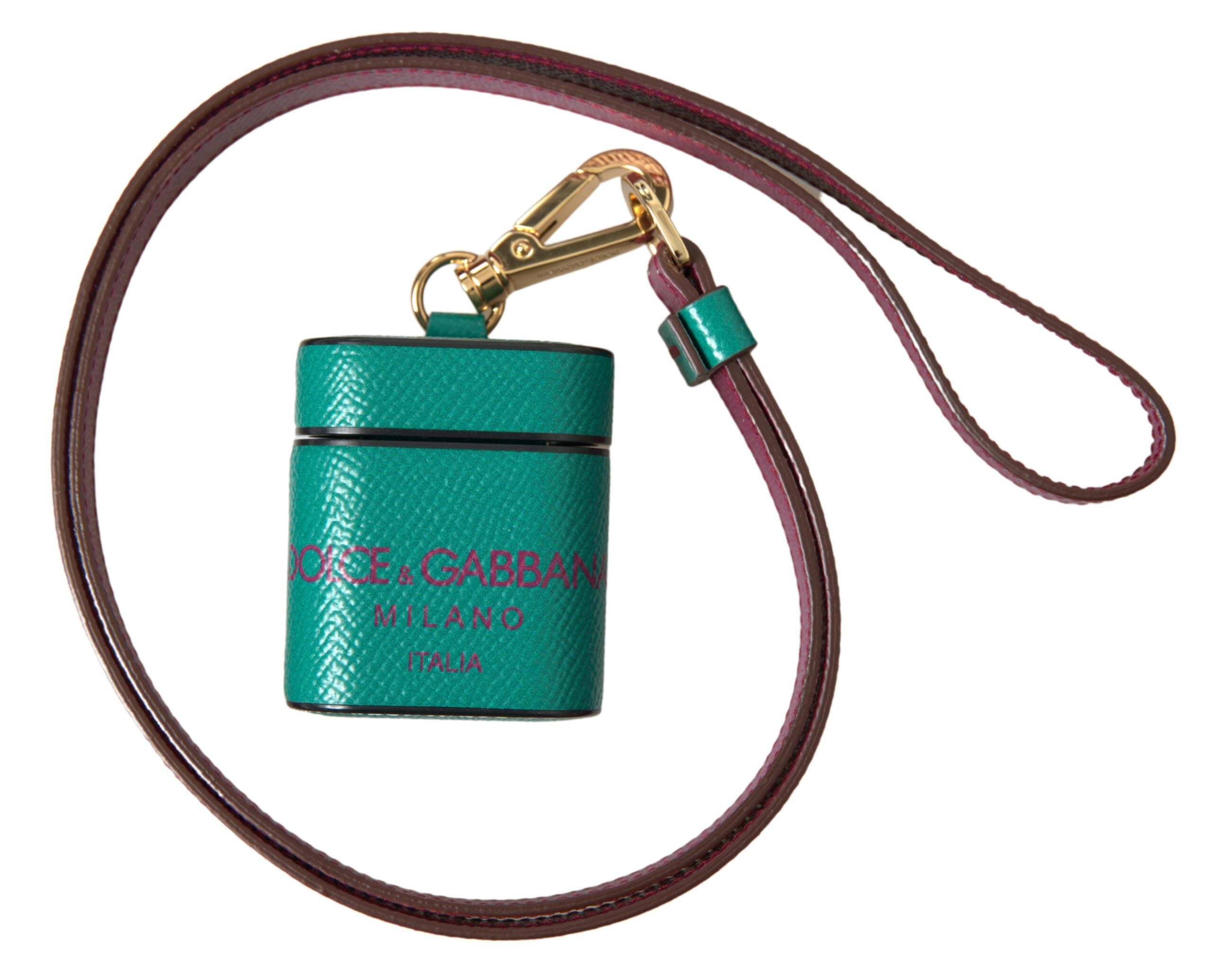 Indulge in the exquisite Dolce & Gabbana Green Maroon Calf Leather Airpods Case, a handcrafted masterpiece that elevates your tech accessories with timeless elegance.