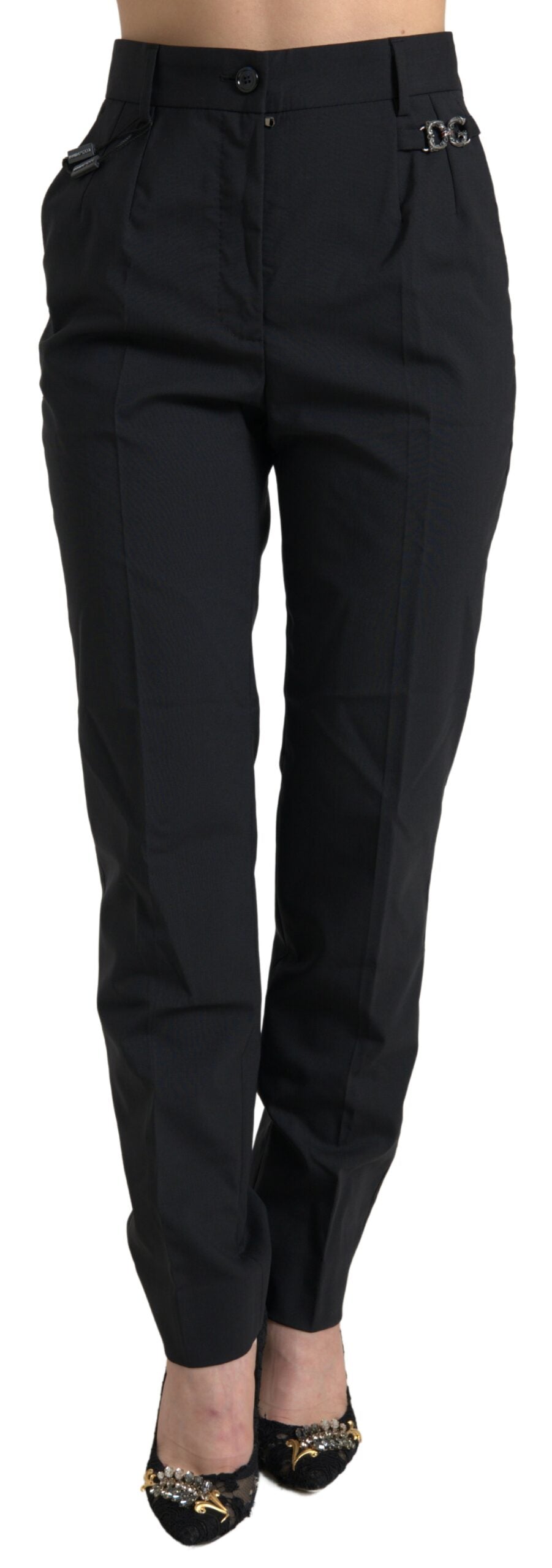 Elevate your wardrobe with Dolce & Gabbana's Black Wool High Waist Tapered Pants, crafted from sumptuous virgin wool for timeless elegance and unparalleled sophistication.