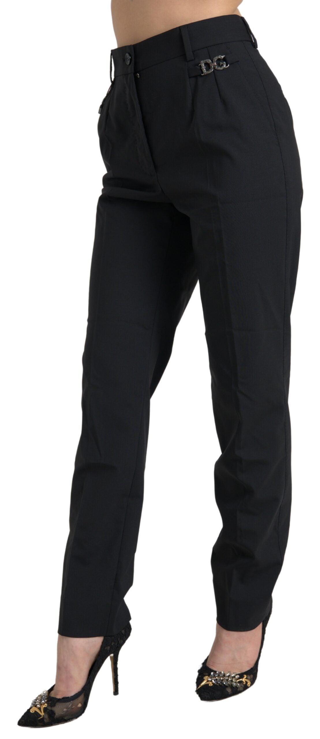 Elevate your wardrobe with Dolce & Gabbana's Black Wool High Waist Tapered Pants, crafted from exquisite virgin wool for timeless elegance and sensual sophistication.
