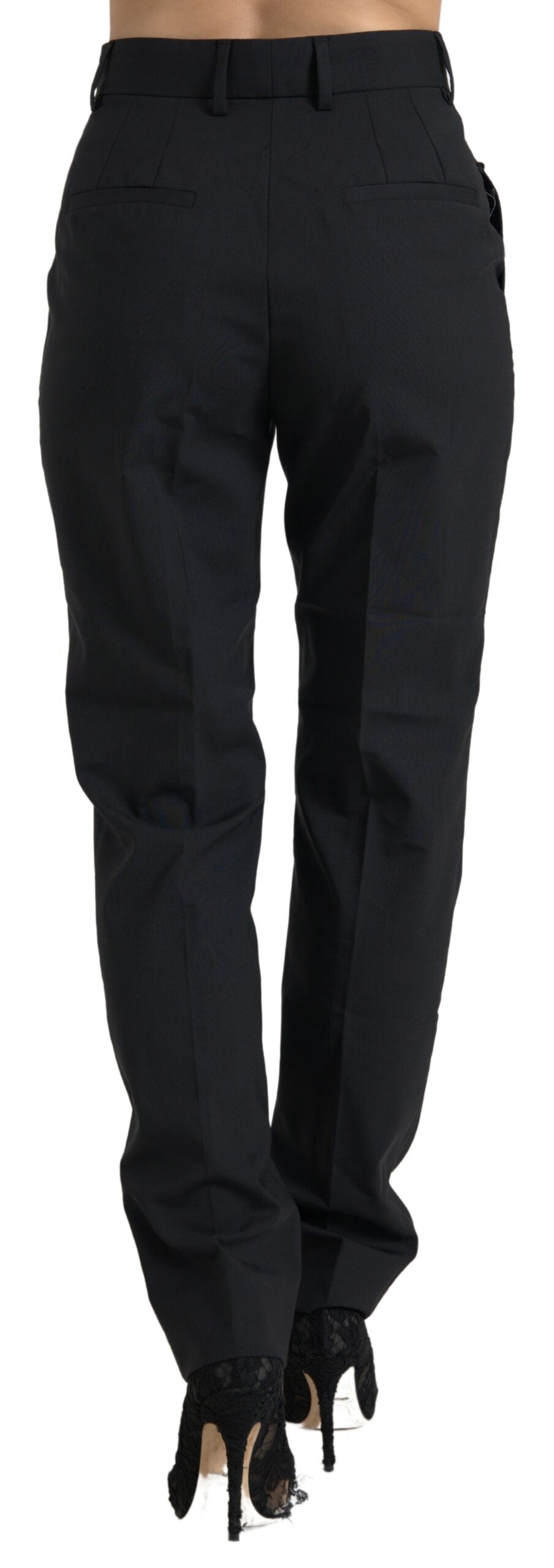 Elevate your wardrobe with Dolce & Gabbana's Black Wool High Waist Tapered Pants, crafted from sumptuous virgin wool for timeless elegance and effortless allure.